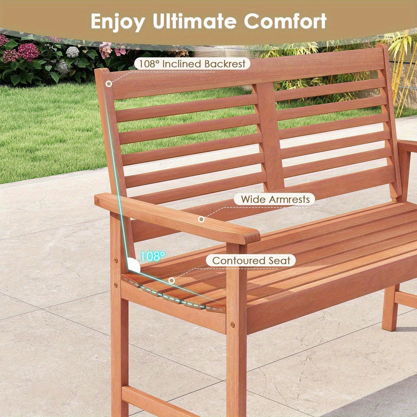 Outdoor 2-Seat Patio Loveseat Bench with Inclined Backrest & Slatted Seat - Solid Hardwood Armchair, Weather-Resistant Teak Finish, No Electricity Needed for Backyard, Poolside, Front Porch, Outdoor Furniture, Poolside Seating