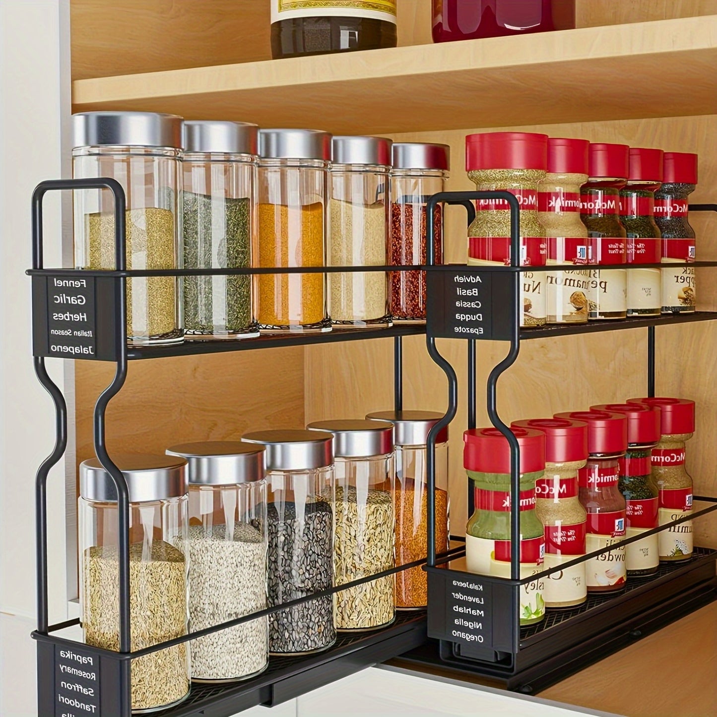 2pcs Spice Rack Organizer For Cabinets, Heavy Duty Slide Out Design With Labels, 5.2" W X 10.75" D X 10" H, No Jars