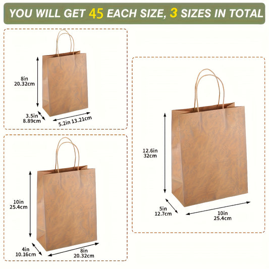 135pcs Bulk Kraft Paper Bags in 3 Sizes - Heavy-Duty Brown Gift Bags with Sturdy Twine-Like Rope Handles, Natural Beige Kraft Paper for Christmas, Business, Retail & Everyday Packaging - Versatile Multipurpose Merchandise Bags