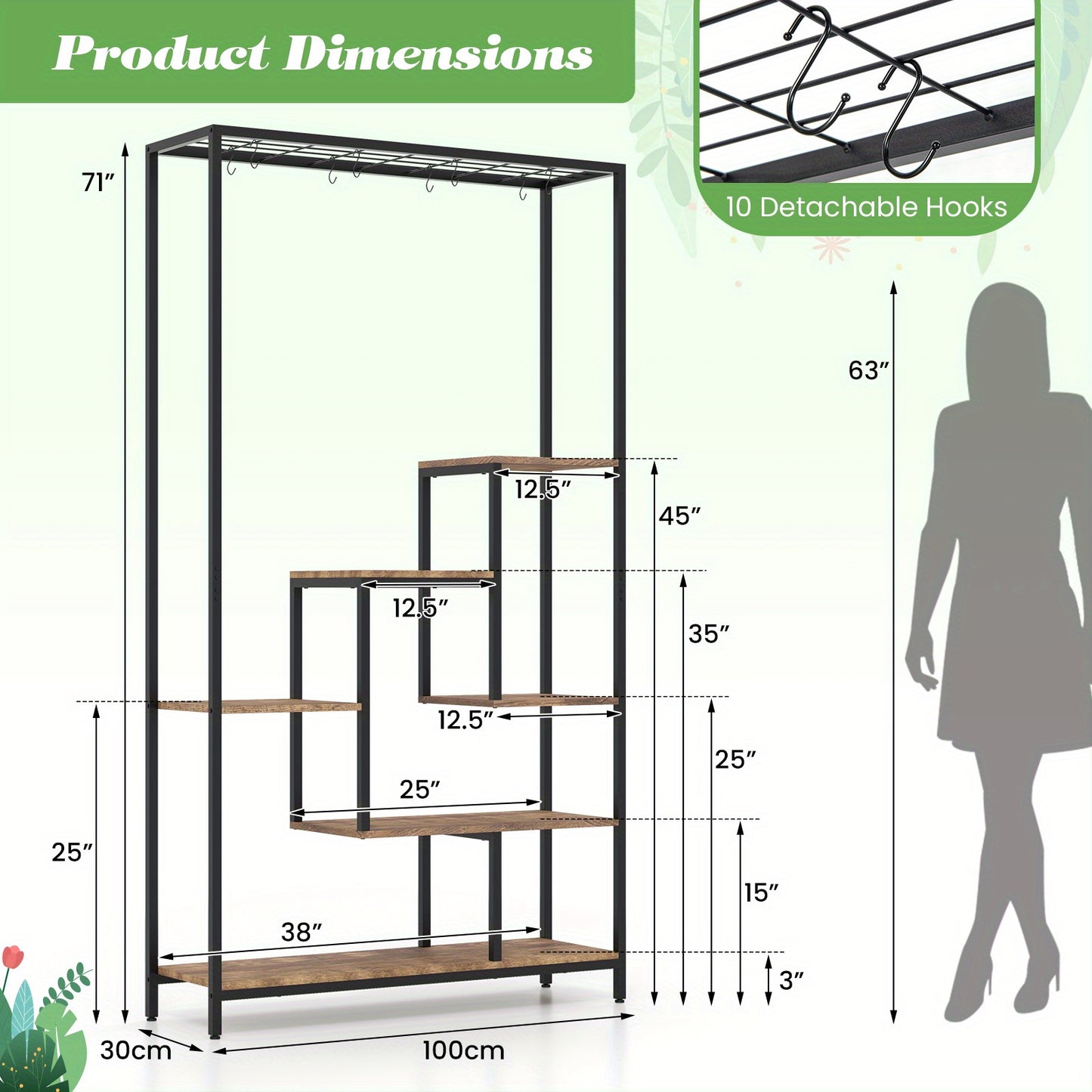 6-Tier Indoor Plant Stand 71" Tall, Sturdy Metal & Wood Plant Shelf with 10 S-Hooks, Large Capacity Vertical Space-Saving Design for Potted Plants, Bonsai, Books, Living Room, Balcony, Office, Balcony Organizer, Modern Aesthetic, Powdercoated Finish