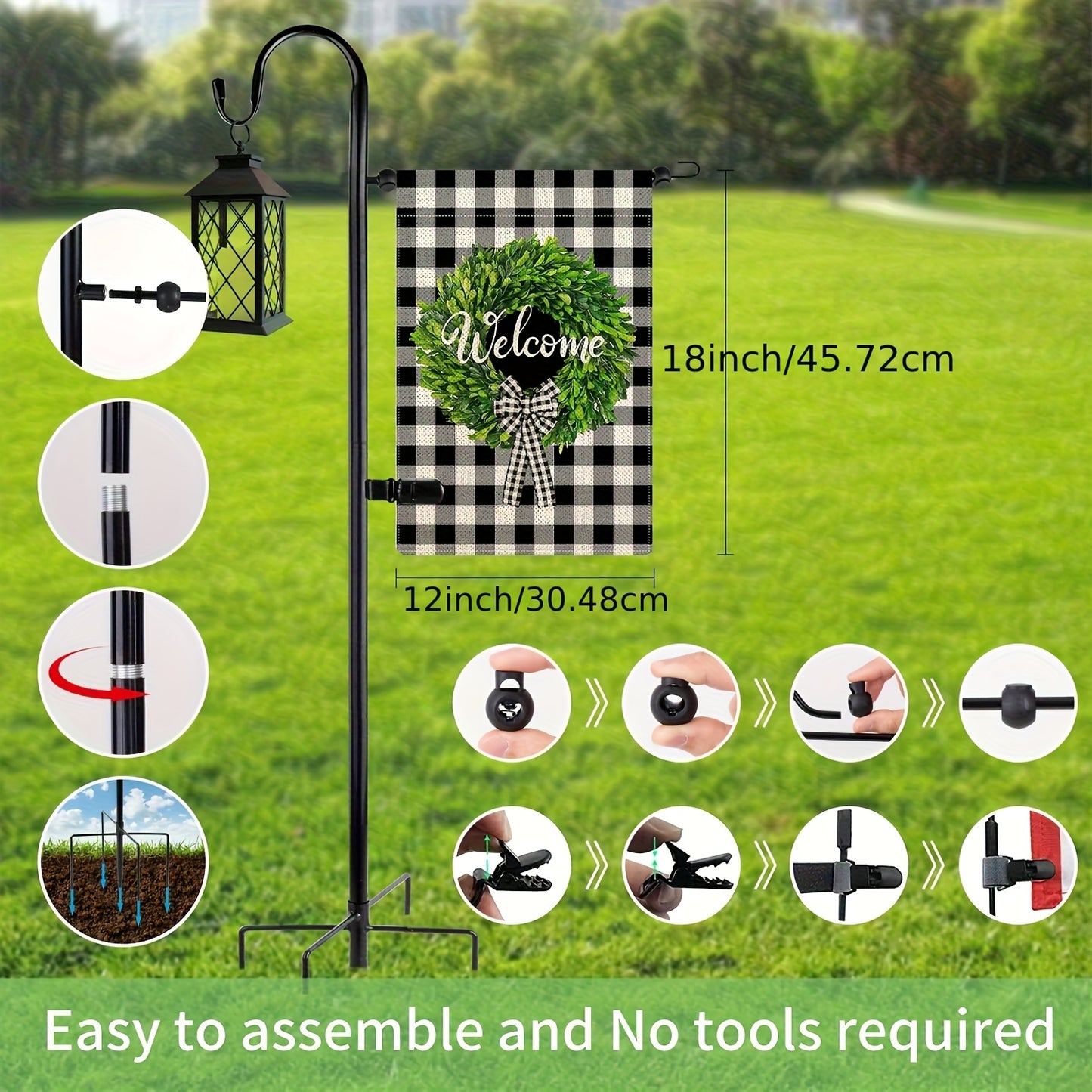 48" Heavy-Duty Adjustable Garden Flag Stand with 5-Prong Base, Metal Shepherd's Hook for Hanging Flags, Bird Feeders & Outdoor Decor - No Electricity Needed, Black, Garden Flags for Outside
