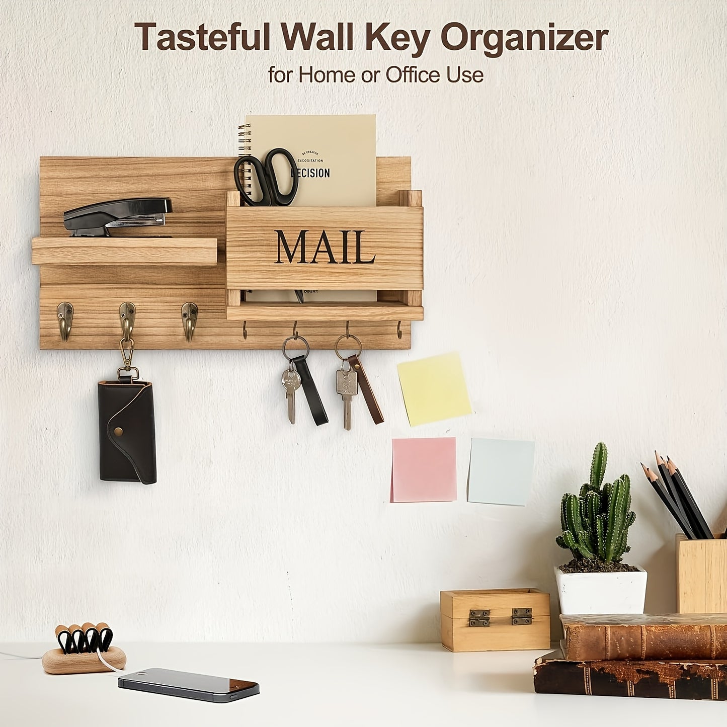 Rustic Solid Wood Wall-Mounted Organizer Shelf - Key Rack with Mail Slot & Multi-Hook Design, Floating Entryway Storage for Home Office, Recycled Wood Decorative Shelf for Keys, Letters, Small Essentials