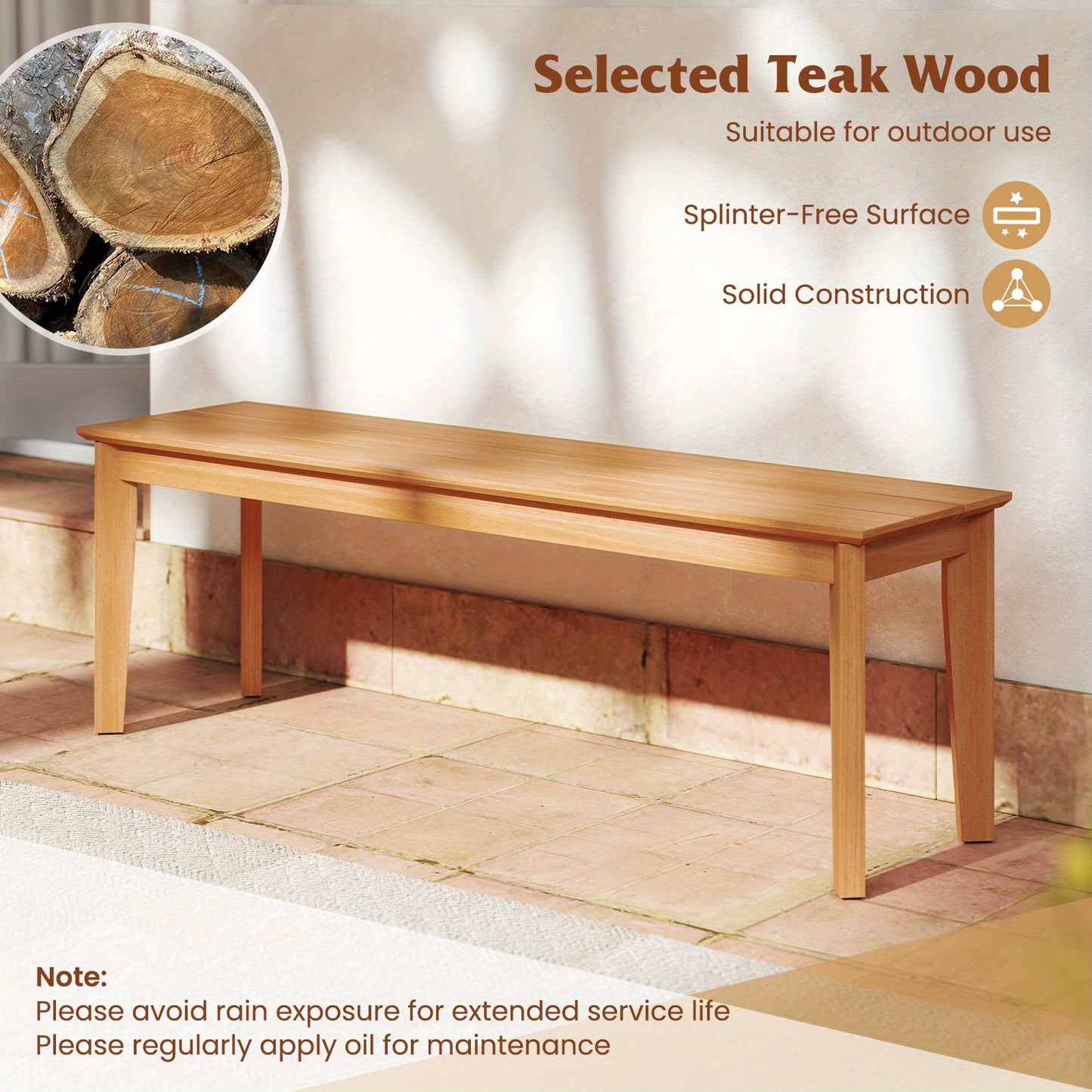 55" Teak Wood Bench - 3-Person Backless Seating with 880 lbs Weight Capacity, Sturdy Solid Wood Deck Bench for Outdoor Patio, Garden, Porch & Backyard - Durable Weather-Resistant Design