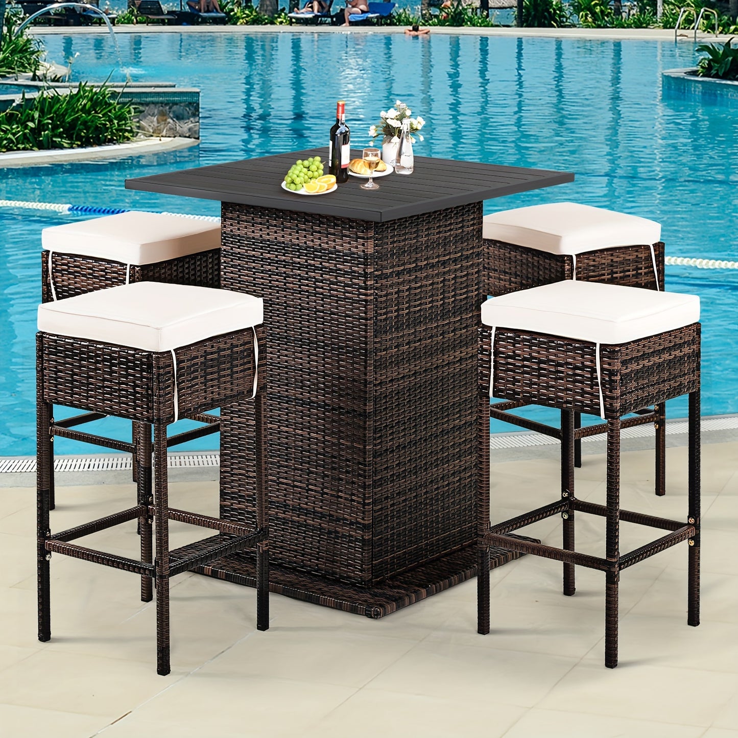 5pcs Rattan Patio Bar Set with Hidden Storage - Includes Table, 4 Stools & Waterproof Cushions - Weather-Resistant PE Wicker for Outdoor Gatherings, Shelf