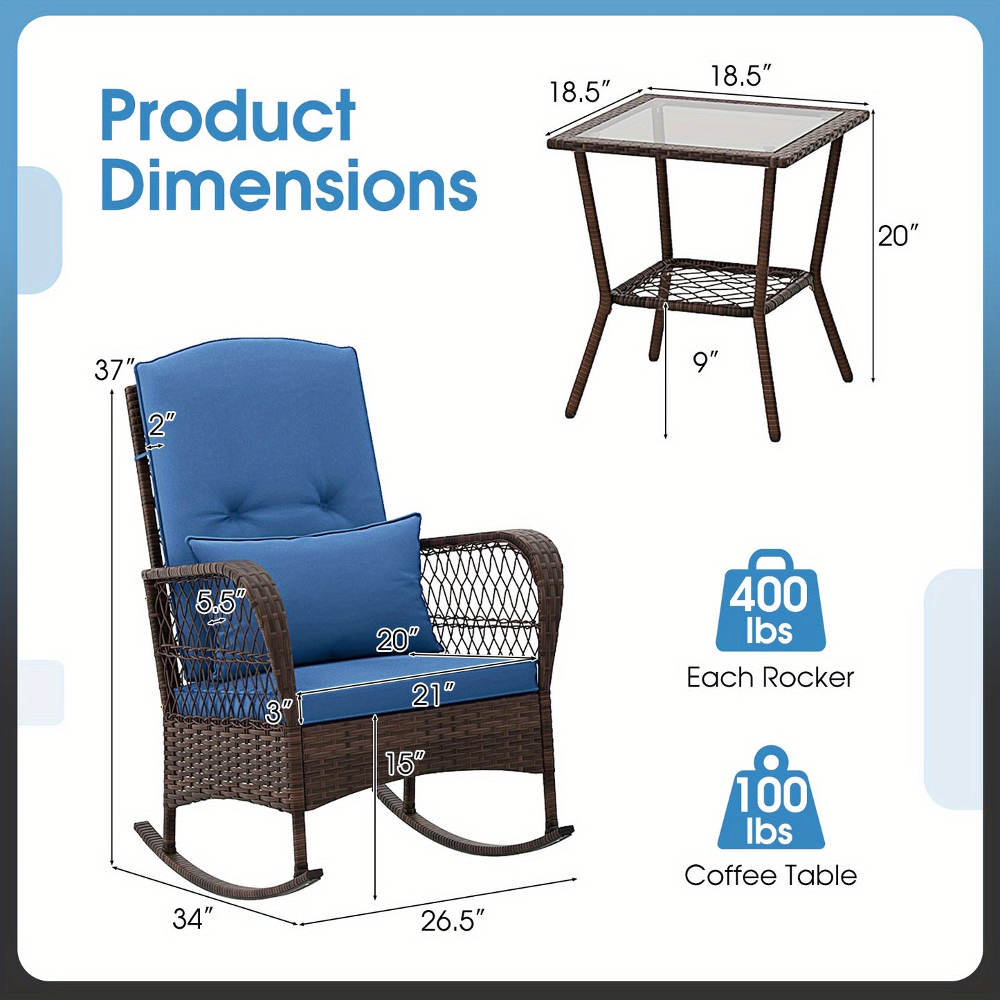 3pcs Patio Rocker Set, Outdoor Wicker Rocking Chairs w/ Double-Layer Coffee Table, Rattan Rocker Chair Set w/ Seat Back Cushions & Pillows, for Porch, Backyard, Poolside.