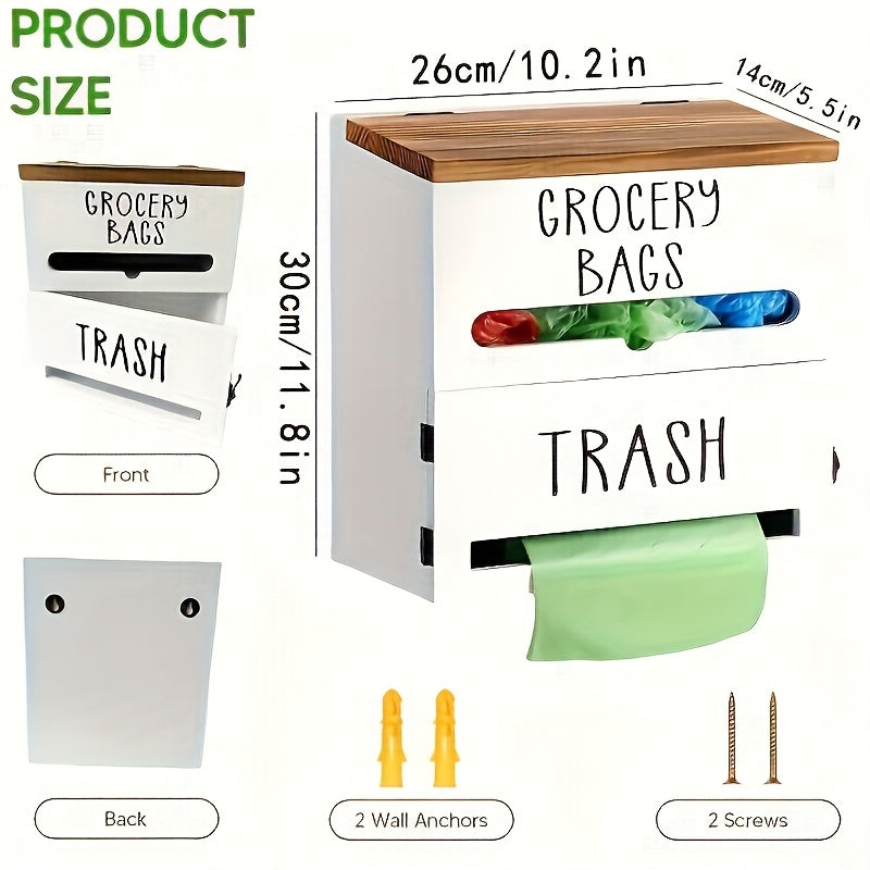2-in-1 Wooden Garbage Bag Dispenser & Organizer, Large Capacity, Wall-Mount Or Cabinet Hanging Storage for Kitchen And Bathroom Essentials, White/Black
