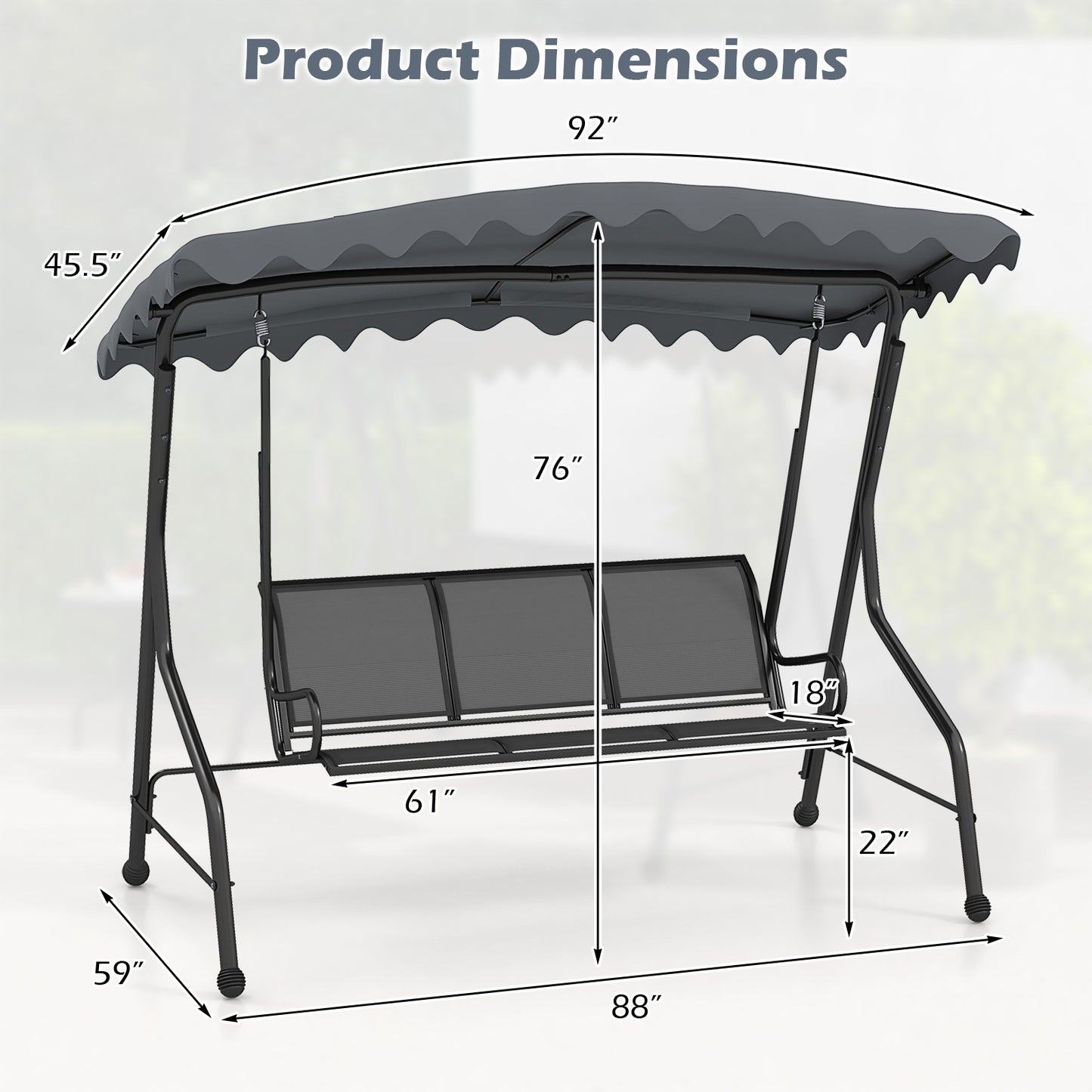 3-Seat Outdoor Swing, Porch Canopy Swing w/ Adjustable Shading, Heavy-Duty Metal Frame & Breathable Seat, Patio Sunset Hanging Swing for Backyard, Poolside, Balcony