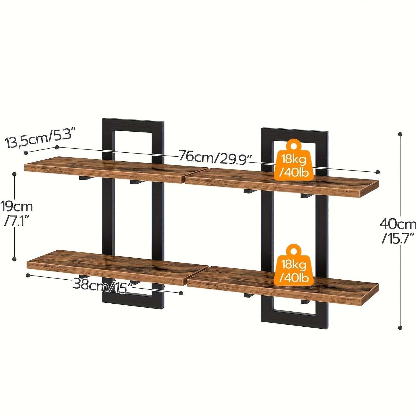 Set Of 2 Floating Shelves | 2 Tiers | Wall-Mounted Storage | For Bathroom, Living Room, Bedroom, And Kitchen