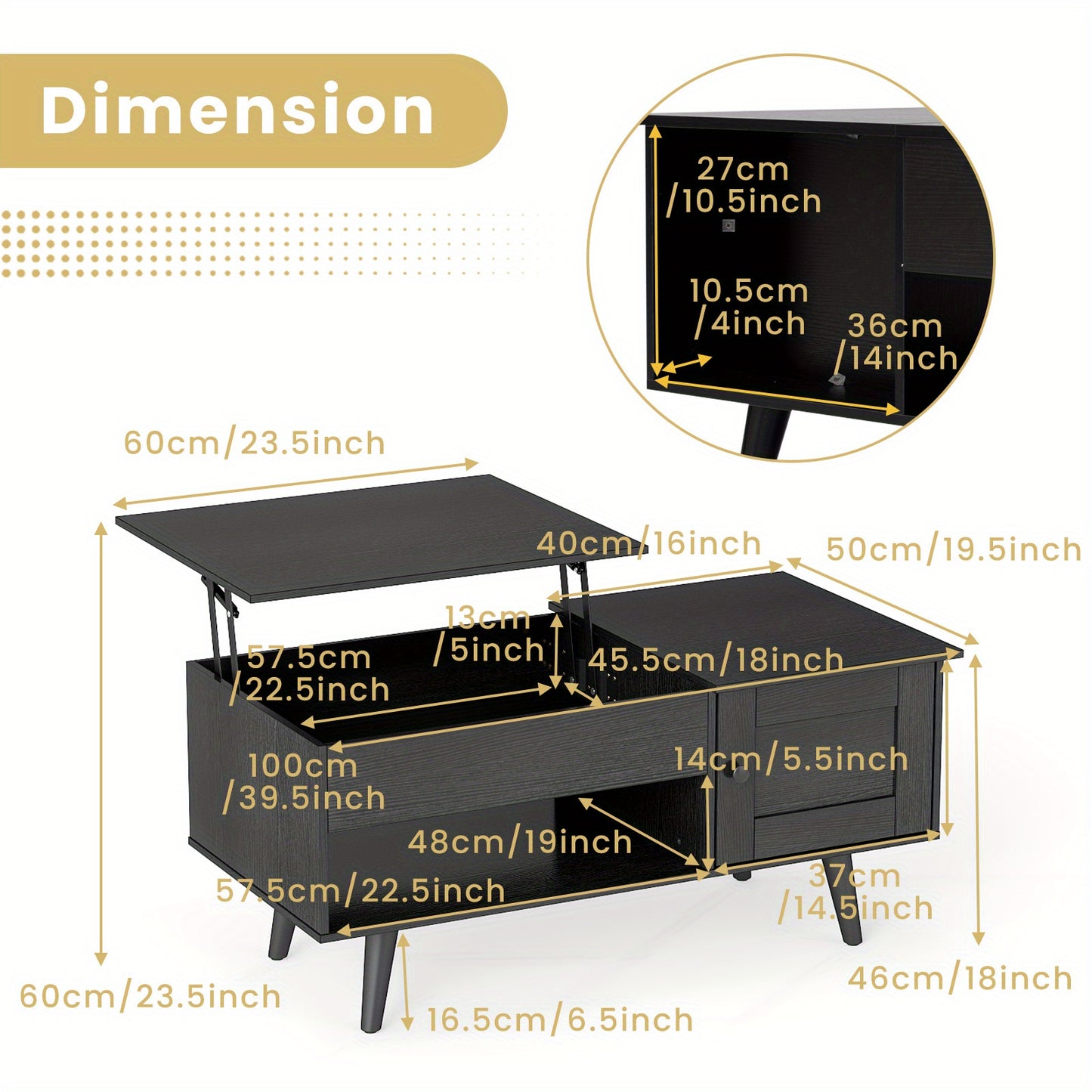 Adjustable Lift-Top Coffee Table with Hidden Compartment & Gas Struts, 18"-23.5" Height, Engineered Wood & MDF Storage Console Table for Living Room, Home Office, Bedroom - Black, Coffee Table for Living Room, Modern Furniture, Durable Construction