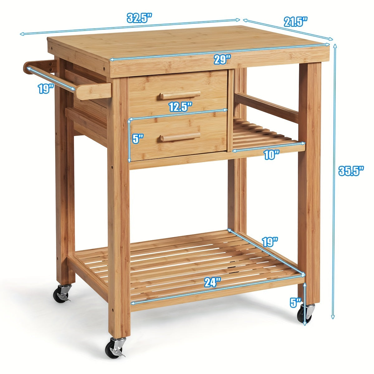 Bamboo Rolling Kitchen Trolley Cart With Towel Rack And Drawers, Classic Style, Portable Wood Island On Wheels, Versatile Storage For Home And Dining
