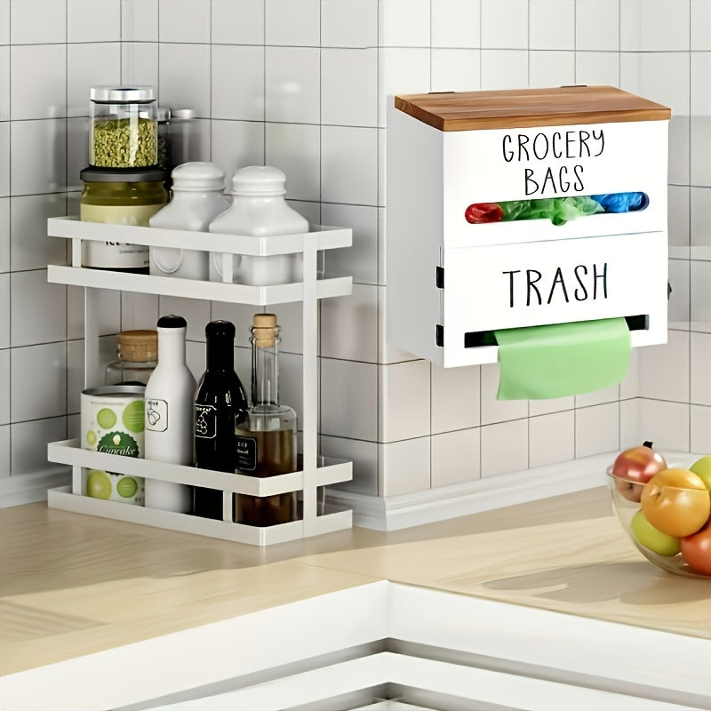 2-in-1 Wooden Garbage Bag Dispenser & Organizer, Large Capacity, Wall-Mount Or Cabinet Hanging Storage for Kitchen And Bathroom Essentials, White/Black
