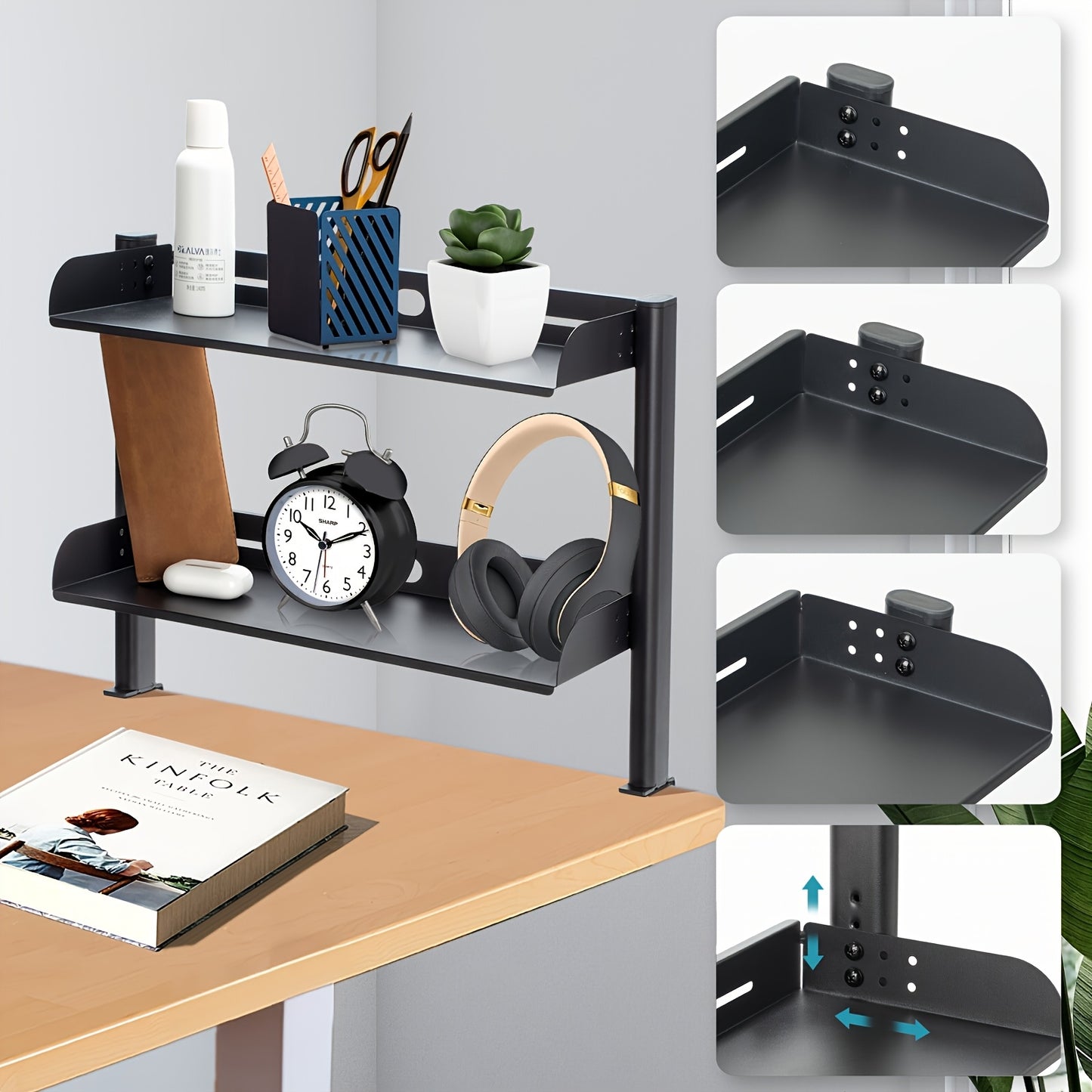 17inch Adjustable Clamp-On Desk Organizer - Dual Layer Metal Side Table, Easy Install, Space-Saving Storage For Office Supplies & Accessories