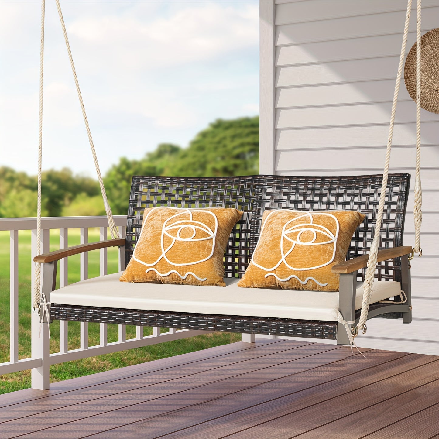 2-Person Patio Rattan Hanging Swing Chair Porch Loveseat Cushion White