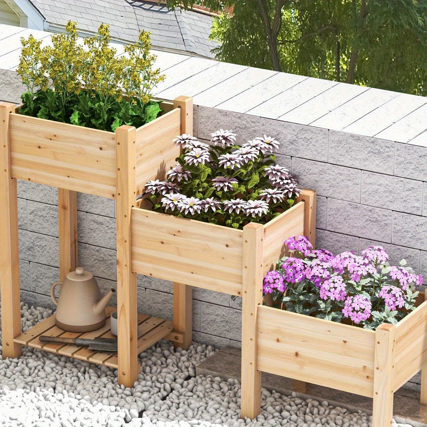 3-Tier Raised Wooden Garden Bed with Drainage System & Open Storage Shelf - Natural Fir Wood Planter Boxes for Flowers, Vegetables, and Herbs - Spacious Outdoor Gardening Solution for Easy Plant Care
