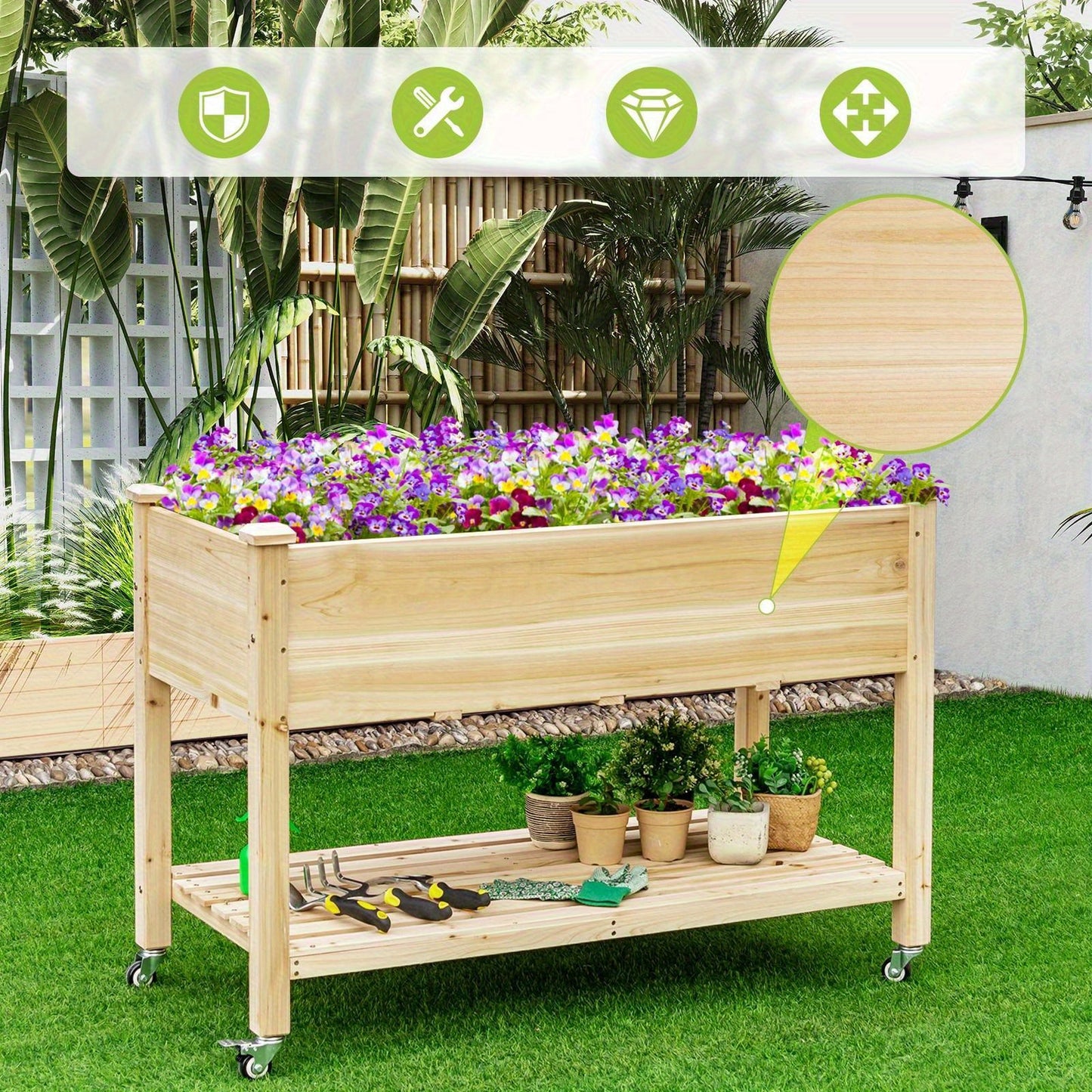 Elevated Mobile Wooden Garden Bed on Lockable Wheels, Versatile Free-Standing Planter Box for Flowers, Ideal for Patio Spaces, Multi-Purpose Vegetable Bed with Integrated Storage Shelf, Natural
