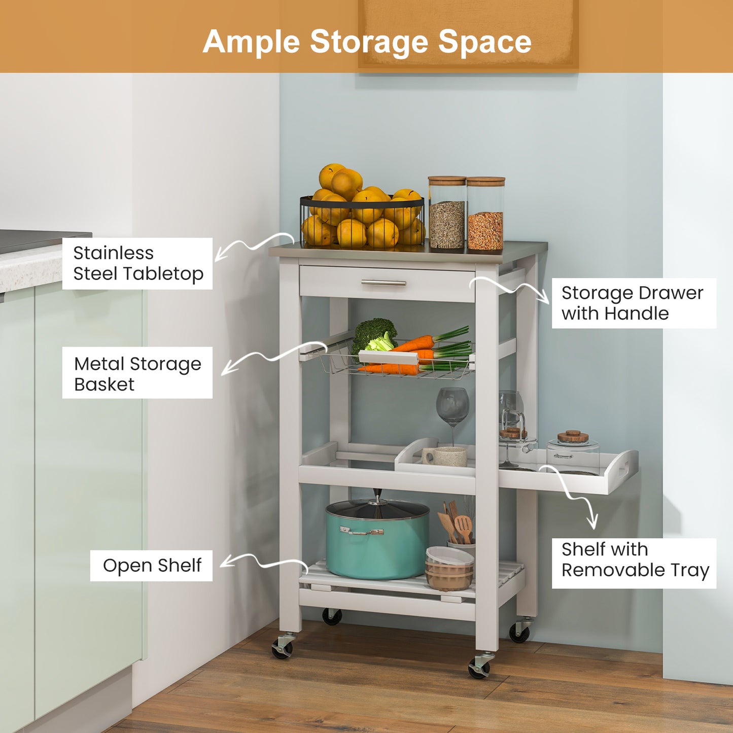 Kitchen Island on Wheels, Rolling Kitchen Cart with Stainless Steel Countertop, Slide-out Metal Wire Basket, Serving Tray, Lockable Casters, Utility Storage Trolley for Kitchen, Dining Room