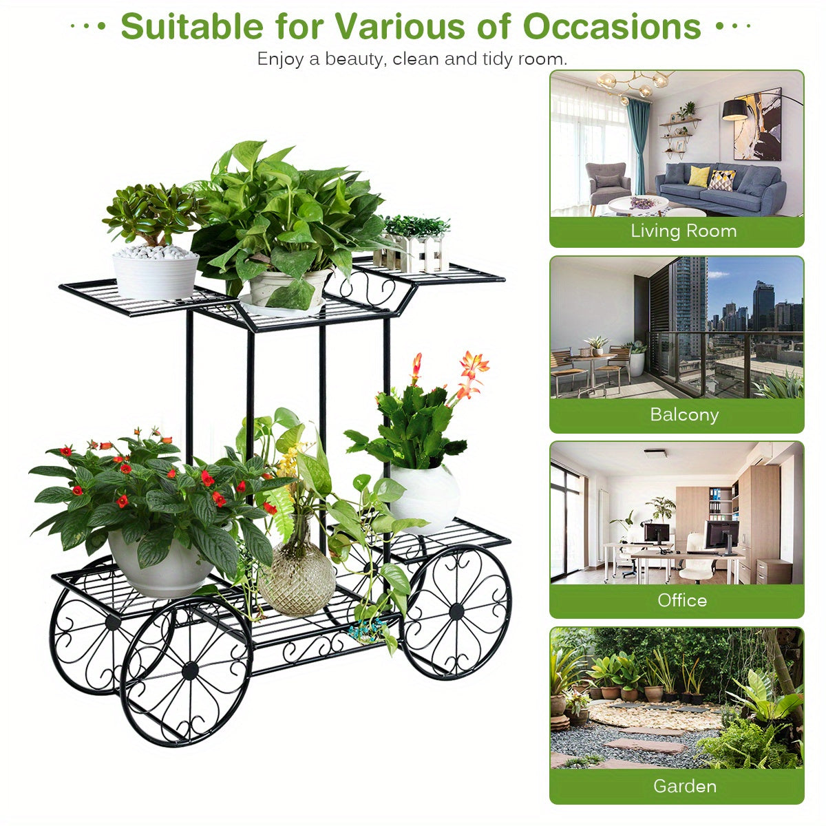 Metal Garden Cart Stand, Flower Rack Display Decor Flower Pot Plant Holder, 6 Tiers Flower Pot Display Rack Perfect for Home, Garden, Patio, Heavy Duty Freestanding Outdoor/Indoor Garden Shelf Black