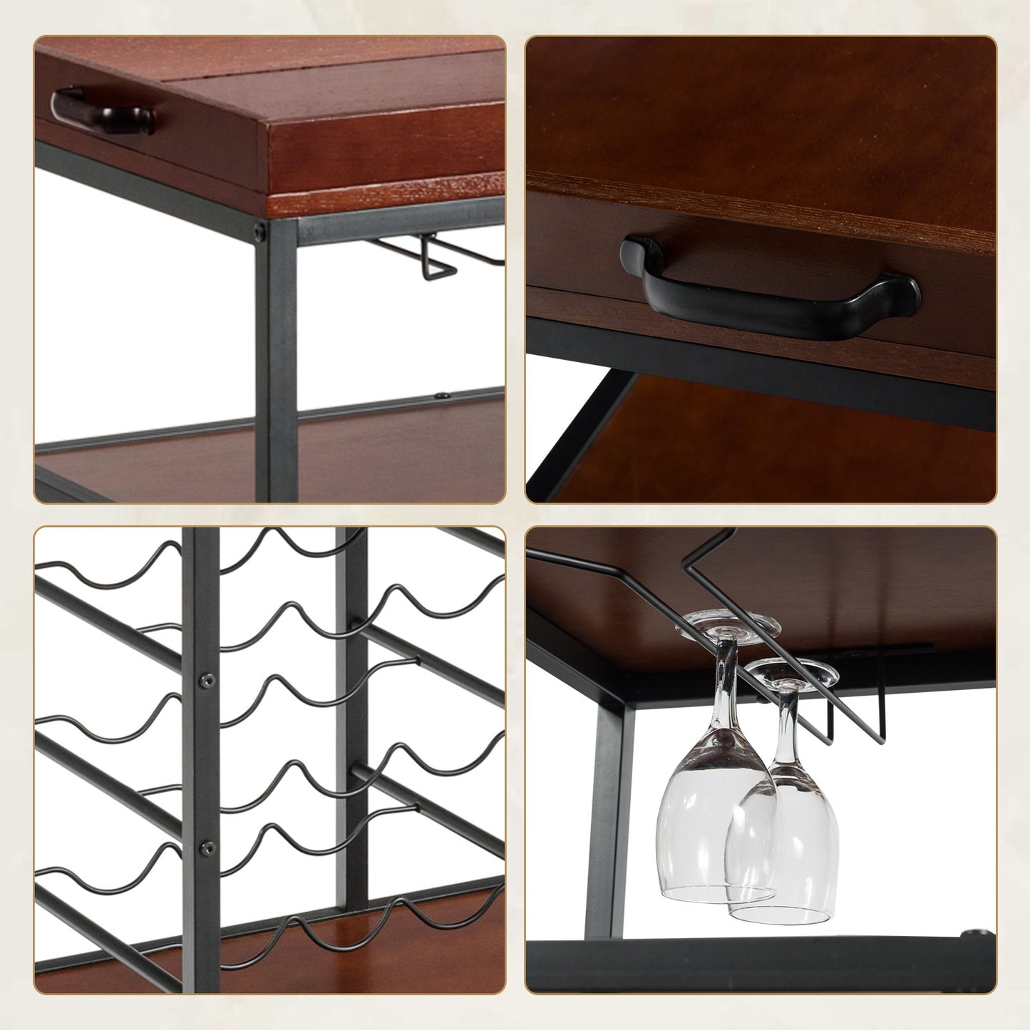 3 Tier Rustic Bar Cart, Industrial Rolling Bar Cart with Wine Racks & Glass Holders, Lockable Wheels, Wooden Mobile Beverage and Drink Carts with Metal Frame, for Home Kitchen, Rustic Brown