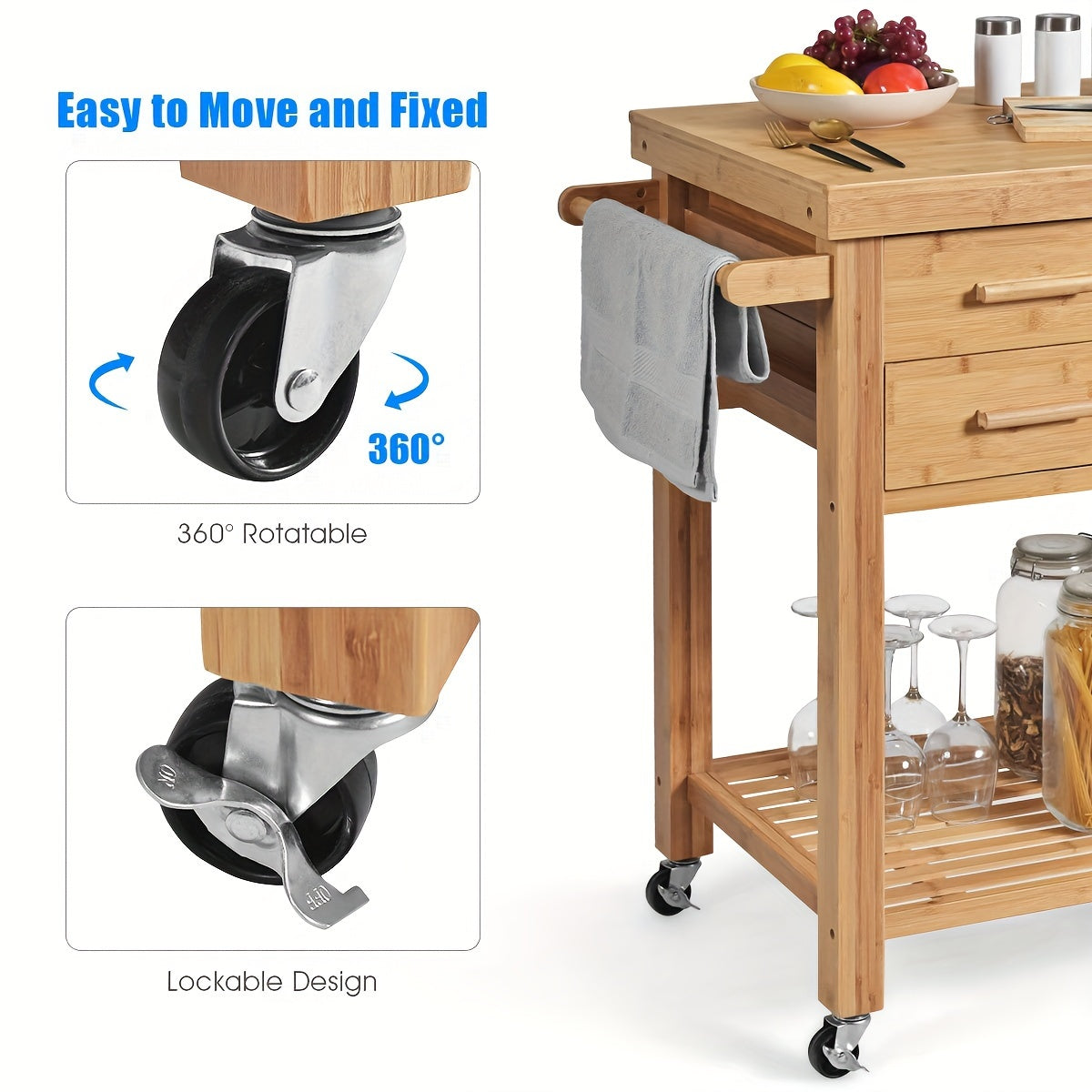 Bamboo Rolling Kitchen Trolley Cart With Towel Rack And Drawers, Classic Style, Portable Wood Island On Wheels, Versatile Storage For Home And Dining