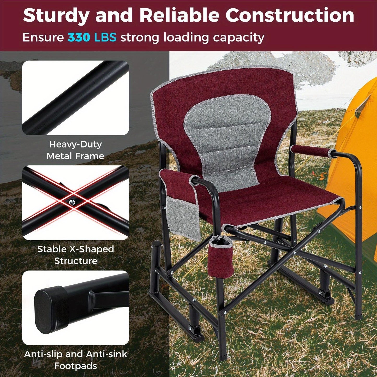 Outdoor Rocker Camping Chair for Adults, Portable Foldable Rocking Chair w/ Dual Springs, Padded Back, Armrests, Cup Holder, Storage Pocket, Heavy-Duty Arm Chair for Beach Patio Travel Picnic.