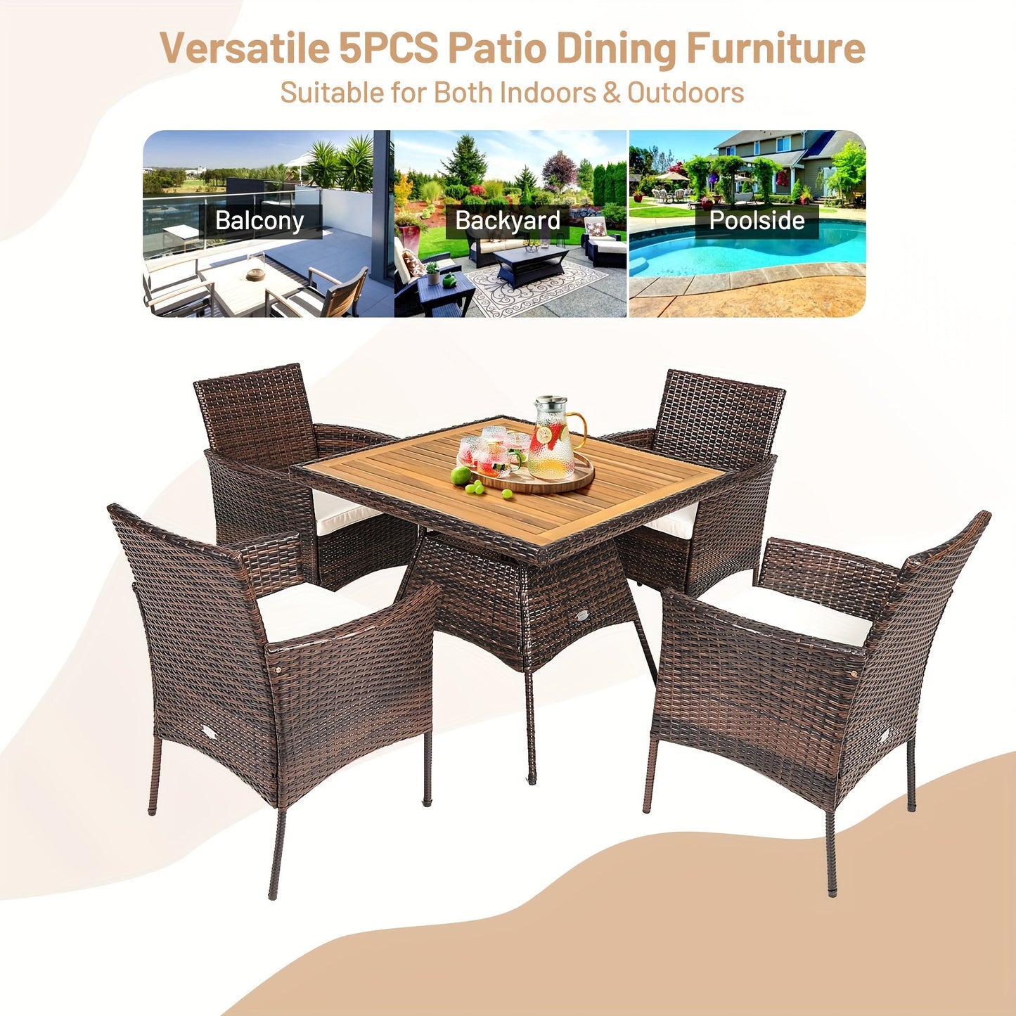 5pcs Patio Dining Set with Acacia Wood Table and PE Rattan Arm Chairs, Mixed Brown & Off White, Patio Dining Table Set, Wooden Table Top