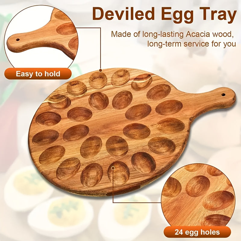 Acacia Wood And Bamboo Egg Platter: Premium 24-Hole Round Charcuterie Board For Artisanal Cheese, Gourmet Meats, And Elegant Deviled Eggs - A Must-Have For Every Kitchen And Dining Experience