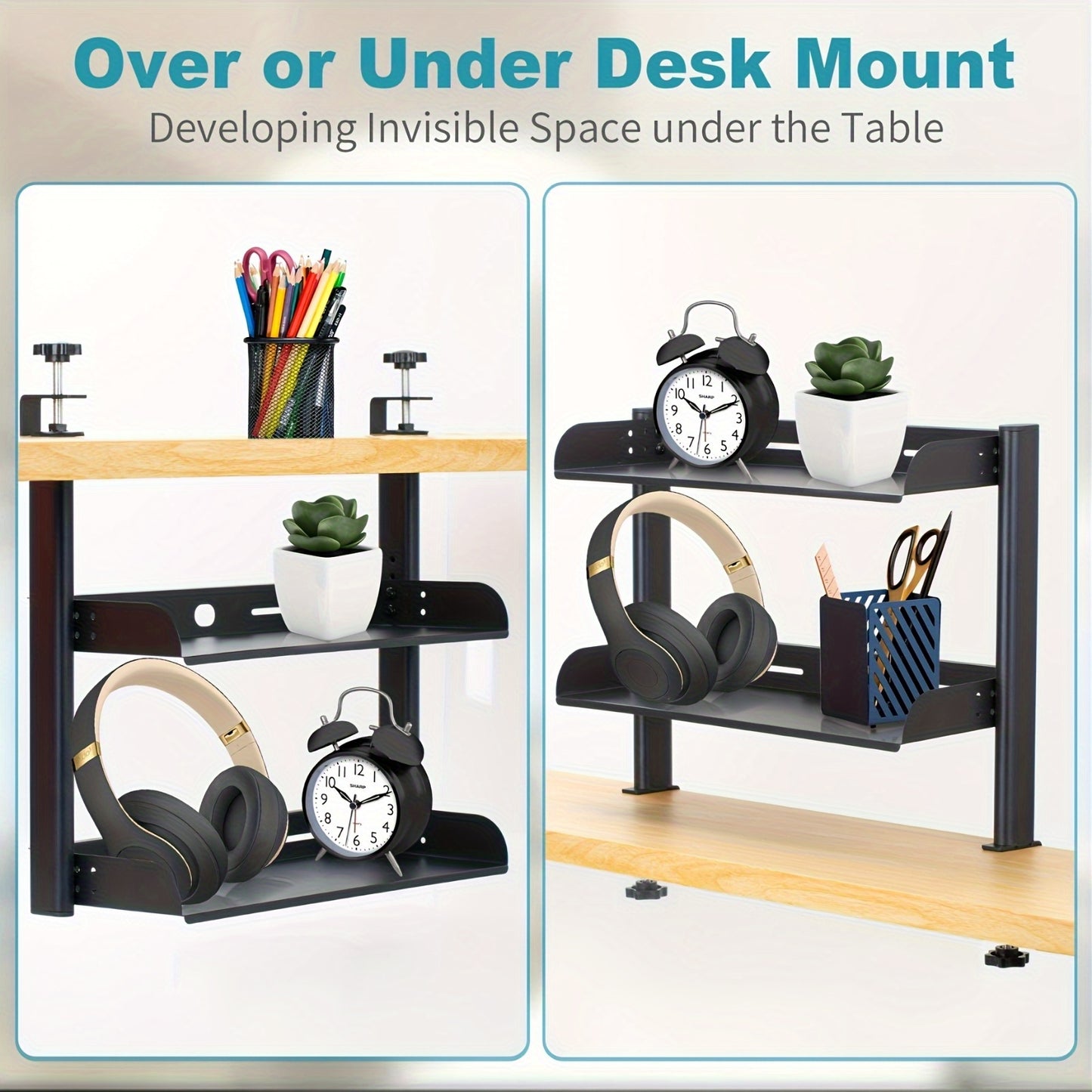 17inch Adjustable Clamp-On Desk Organizer - Dual Layer Metal Side Table, Easy Install, Space-Saving Storage For Office Supplies & Accessories