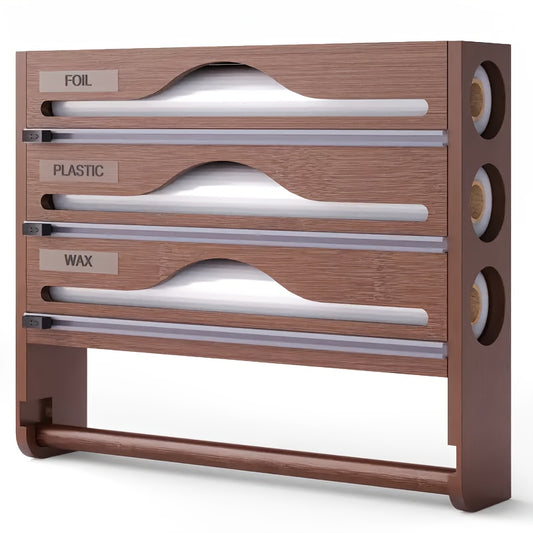 3-Section Bamboo Wrap Dispenser - Kitchen Organizer with Paper Towel Holder, Cutter, and Storage Rack for Foil, Plastic Wrap, Wax, and Accessories - High-Quality, Hand Wash Only, Multi-Purpose Use, Kitchen Storage Solution | Sleek Bamboo Design |