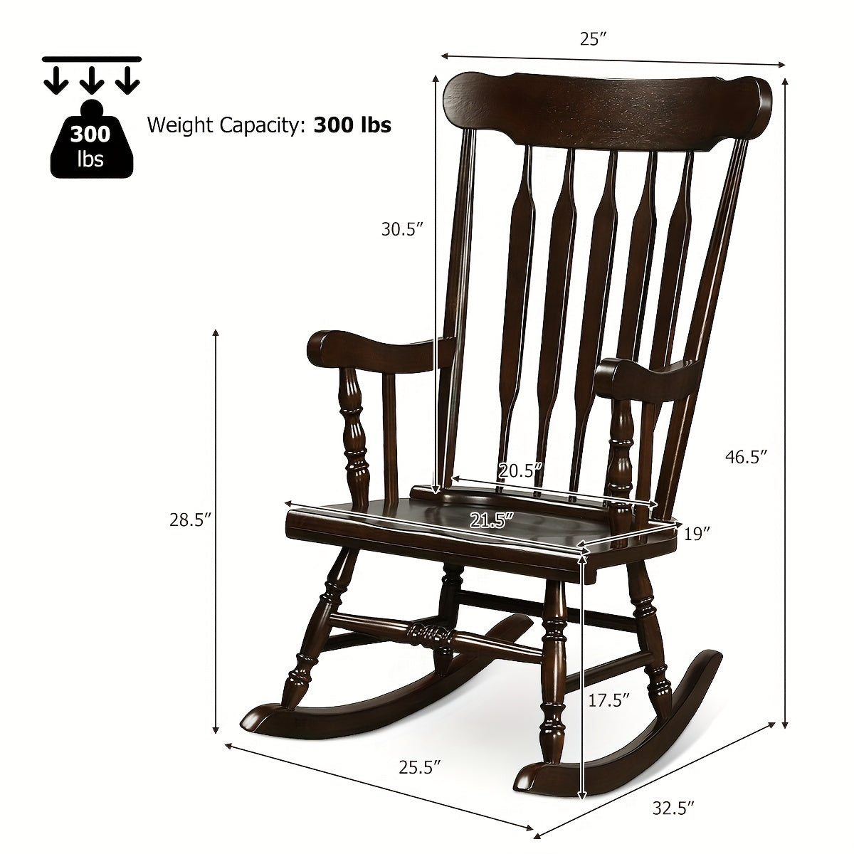 1pc Traditional Solid Wood Rocking Chair, Porch Rocker With Glossy Coffee Finish, Indoor/Outdoor Comfortable Seating, 300 Lbs Weight Capacity, 46.5" Height