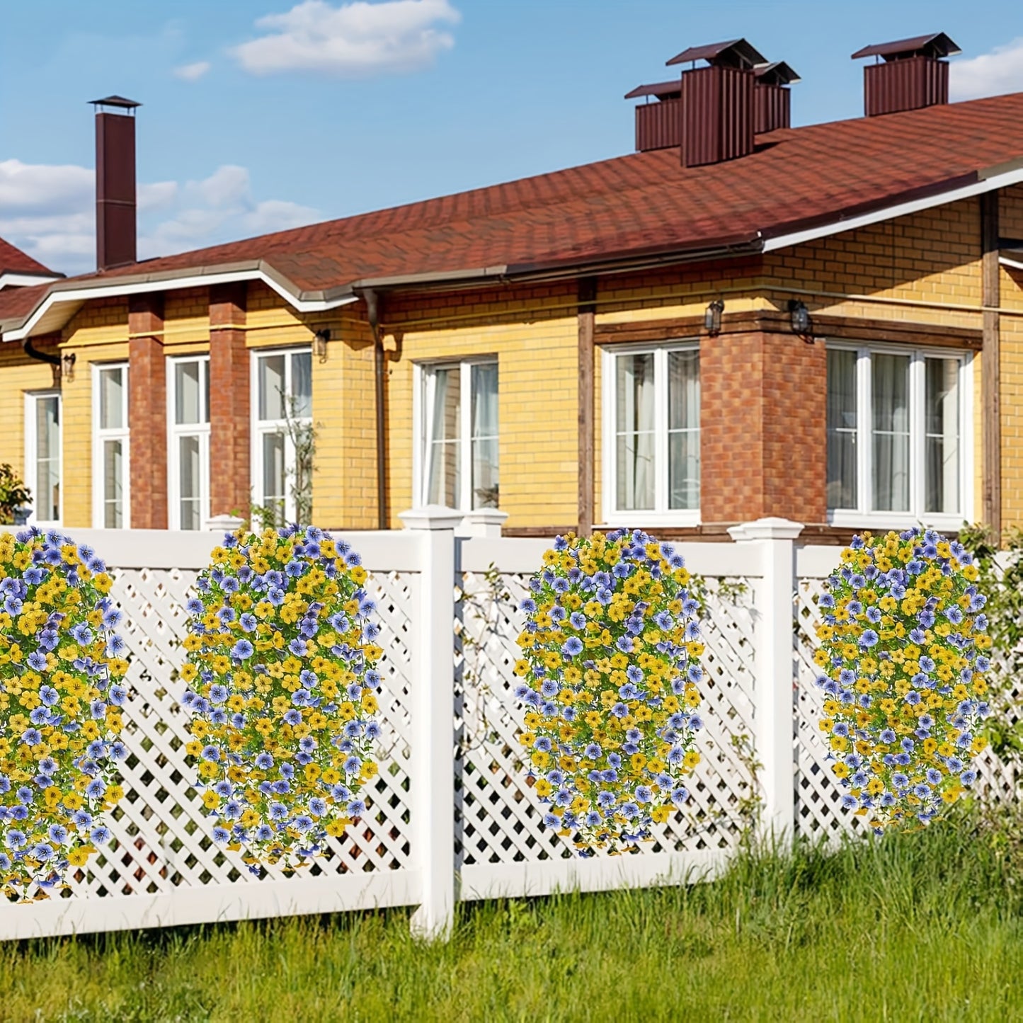 8pcs UV-Resistant Artificial Hanging Vines with Vibrant Blue & Yellow Flowers - Flexible Stems for Easy Shaping, No Maintenance Bohemian Chic Home Decor, Artificial Flowers for Home Decor, Garden Decor, Porch Embellishment, Easy Shaping Vines