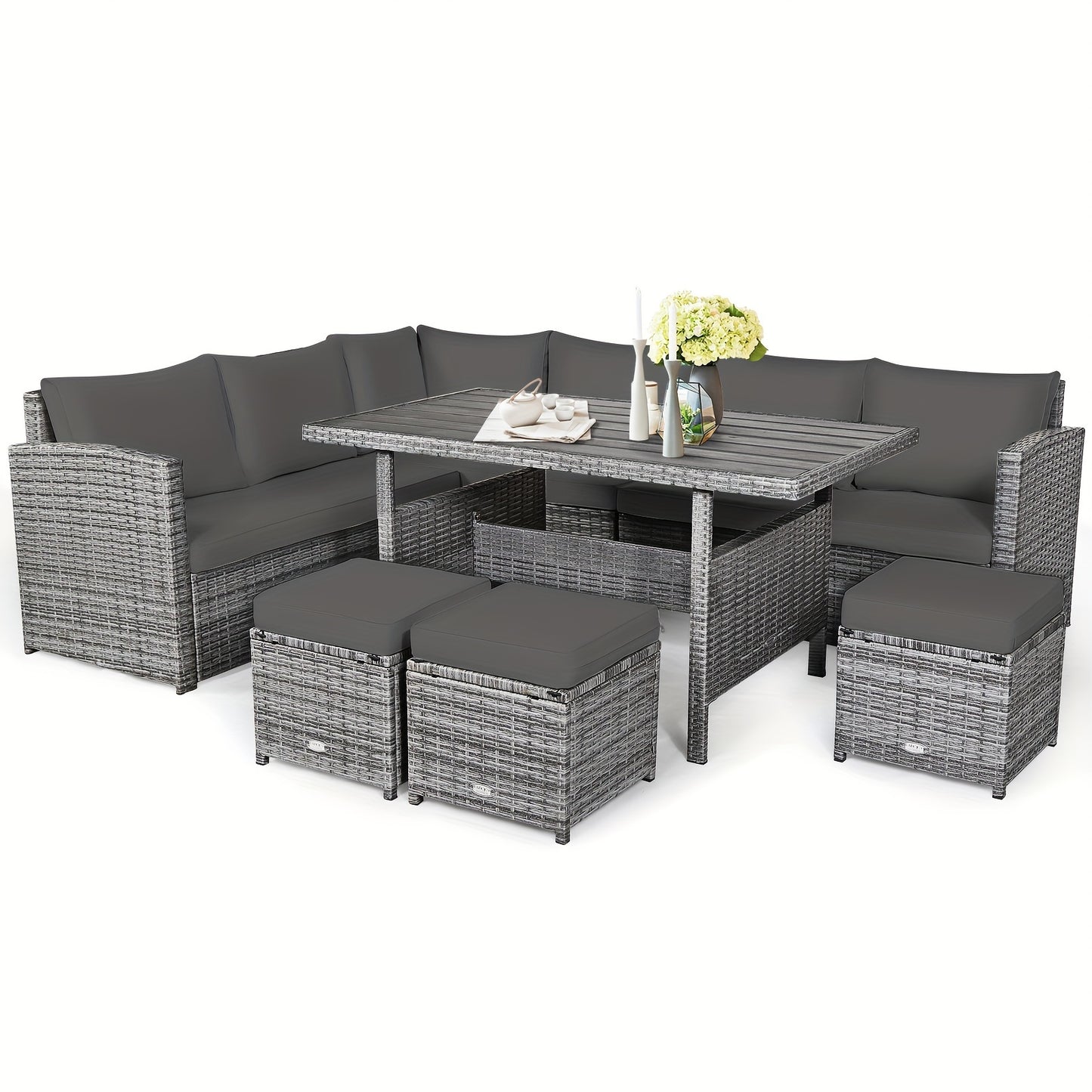 7pcs Patio Rattan Dining Set, Sectional Sofa Couch Ottoman For Garden Gray