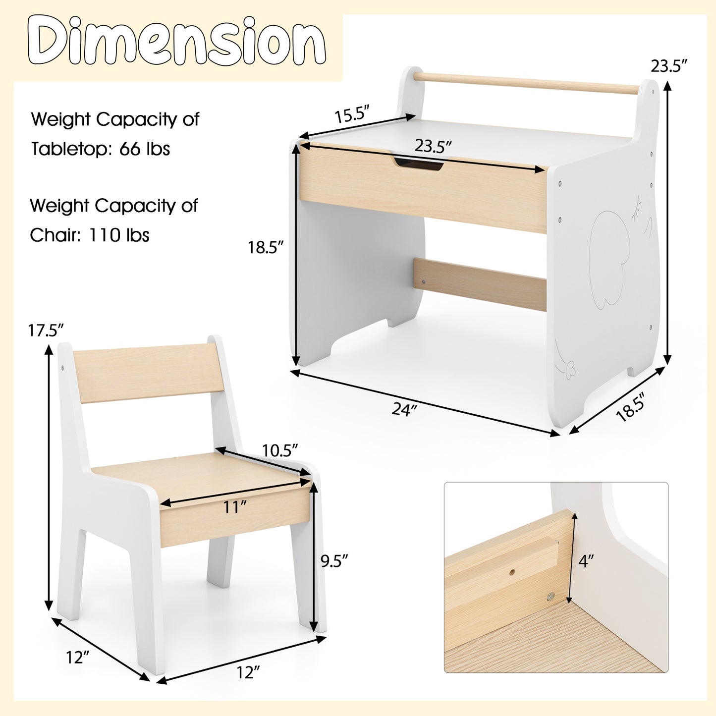 Kids Table and Chair Set, Wooden Activity Desk and Chair Set with 2in 1 Detachable Tabletop, Storage and Paper Roll Holder for Classroom, Home, Nursery and Playroom, Natural White