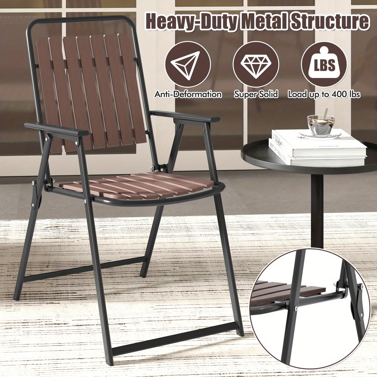 4pcs Patio Folding Chairs, Portable Outdoor Dining Chairs w/ PP Seat & Back, 400 LBS Heavy-Duty Metal Frame, Space-Saving Outdoor Slatted Chairs for Yard, Balcony, Porch.