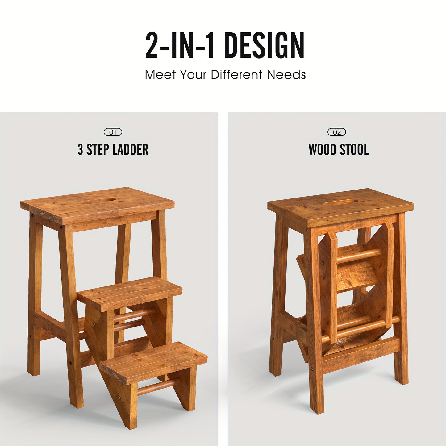 3-in-1 Folding Step Stool | 24" | Rubber Wood | Durable & Portable, Sturdy Ant-Slip Surface, 200 lbs Capacity Per Pedal | Home, Garage, or Garden Use | Rustic Wood | Secure Connection Joints