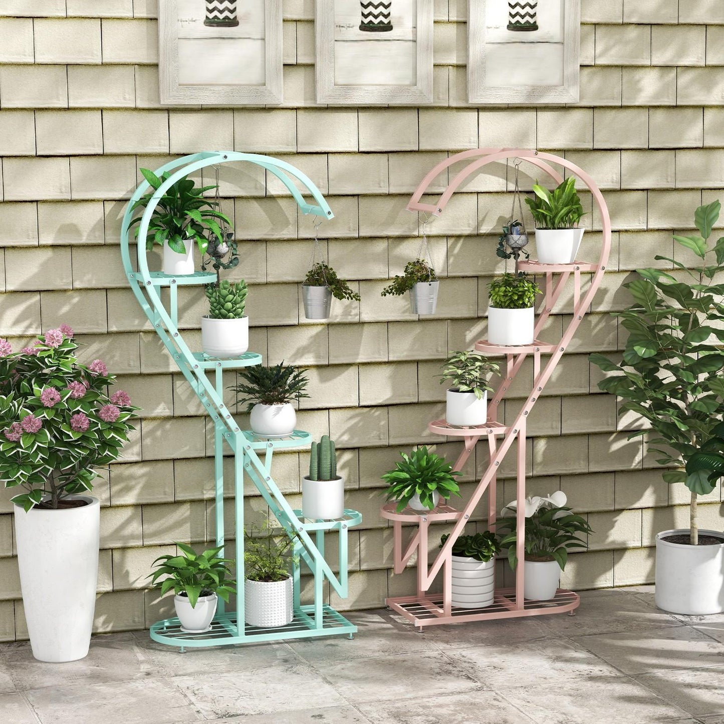 5 Tier Metal Plant Stand, Heart-shaped Ladder Plant Holder w/Hanging Hook for Multiple Plants, Indoor Corner Flower Rack for Home Decor, Patio, Balcony, Garden, Black/White/Pink & Blue