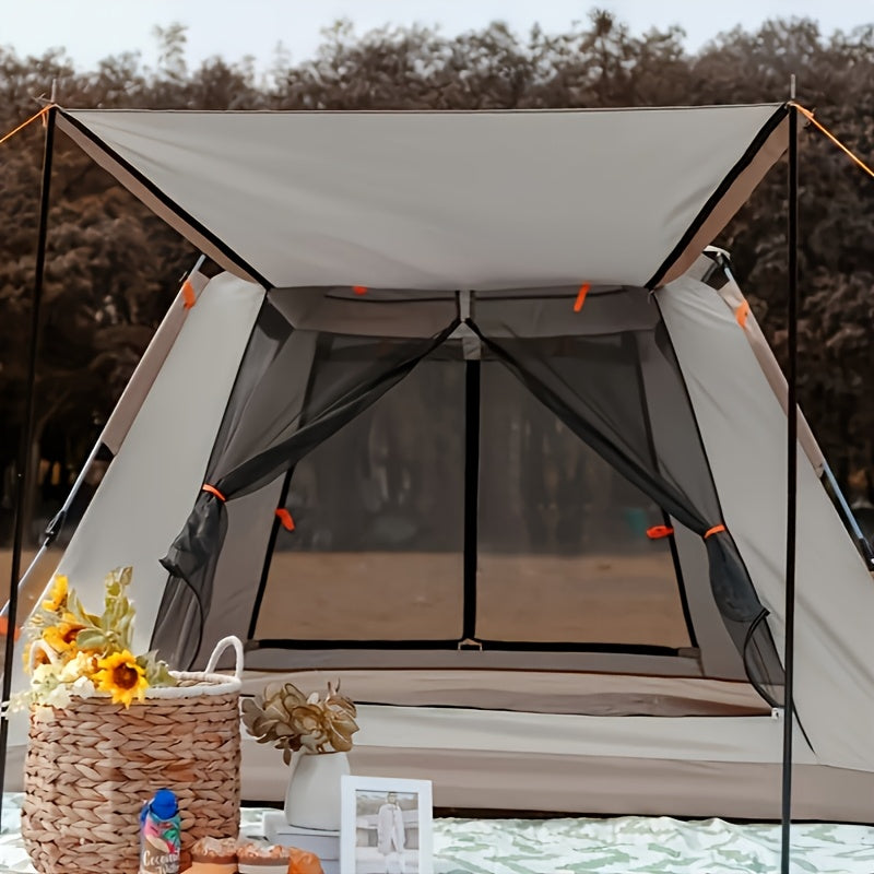 Family Camping Tent with Canopy - Quick Setup, Windproof, All-Season Design with Mosquito Netting & UV Protection, Durable Oxford Fabric, Beige Multi-Band Sunshade, Ideal for Outdoor Adventures & Camping Accessories, Allseason Camping