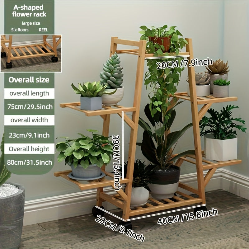 3-Tier Wooden Plant Stand with Wheels - Mobile Indoor/Outdoor Rolling Shelf for Potted Plants, Space-Saving A-Frame Design, Rustic Home Decor & Gardening Tool Organizer, Durable Wooden Construction