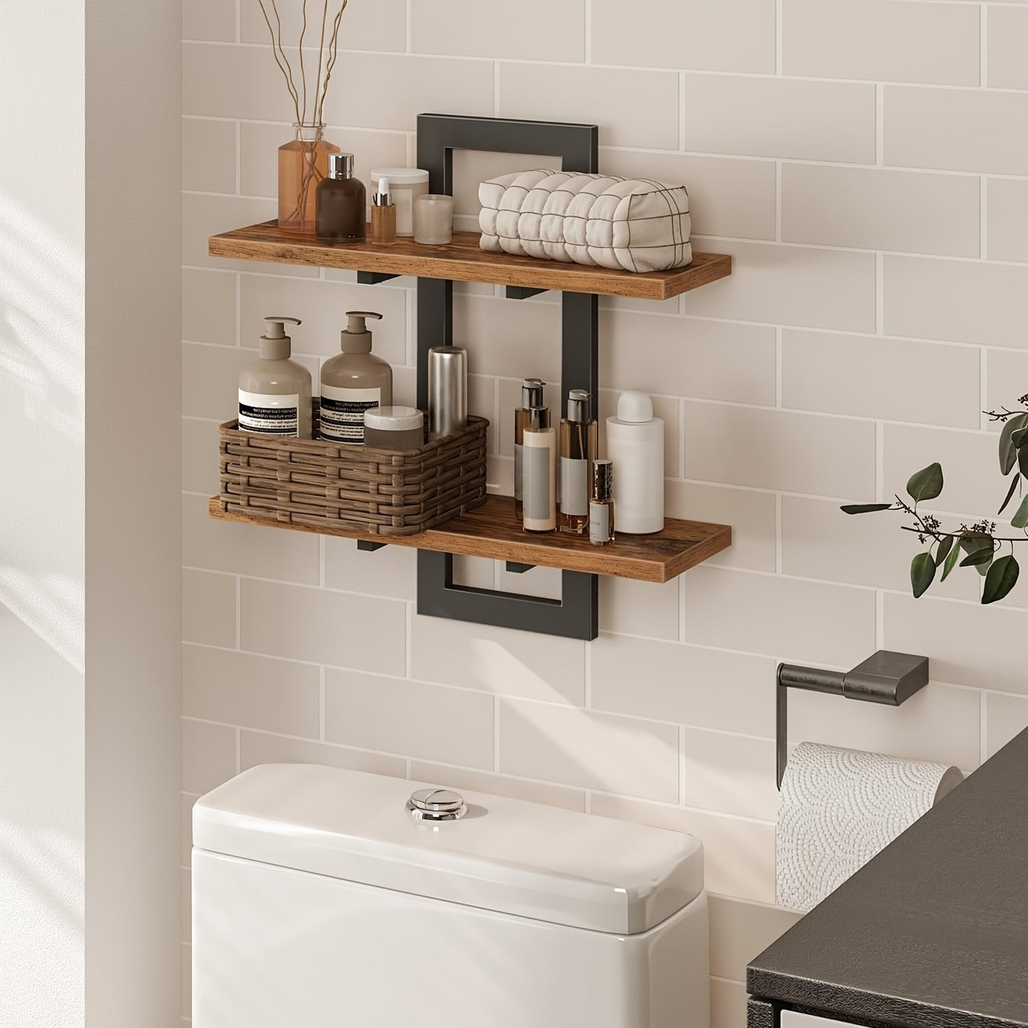 Set Of 2 Floating Shelves | 2 Tiers | Wall-Mounted Storage | For Bathroom, Living Room, Bedroom, And Kitchen