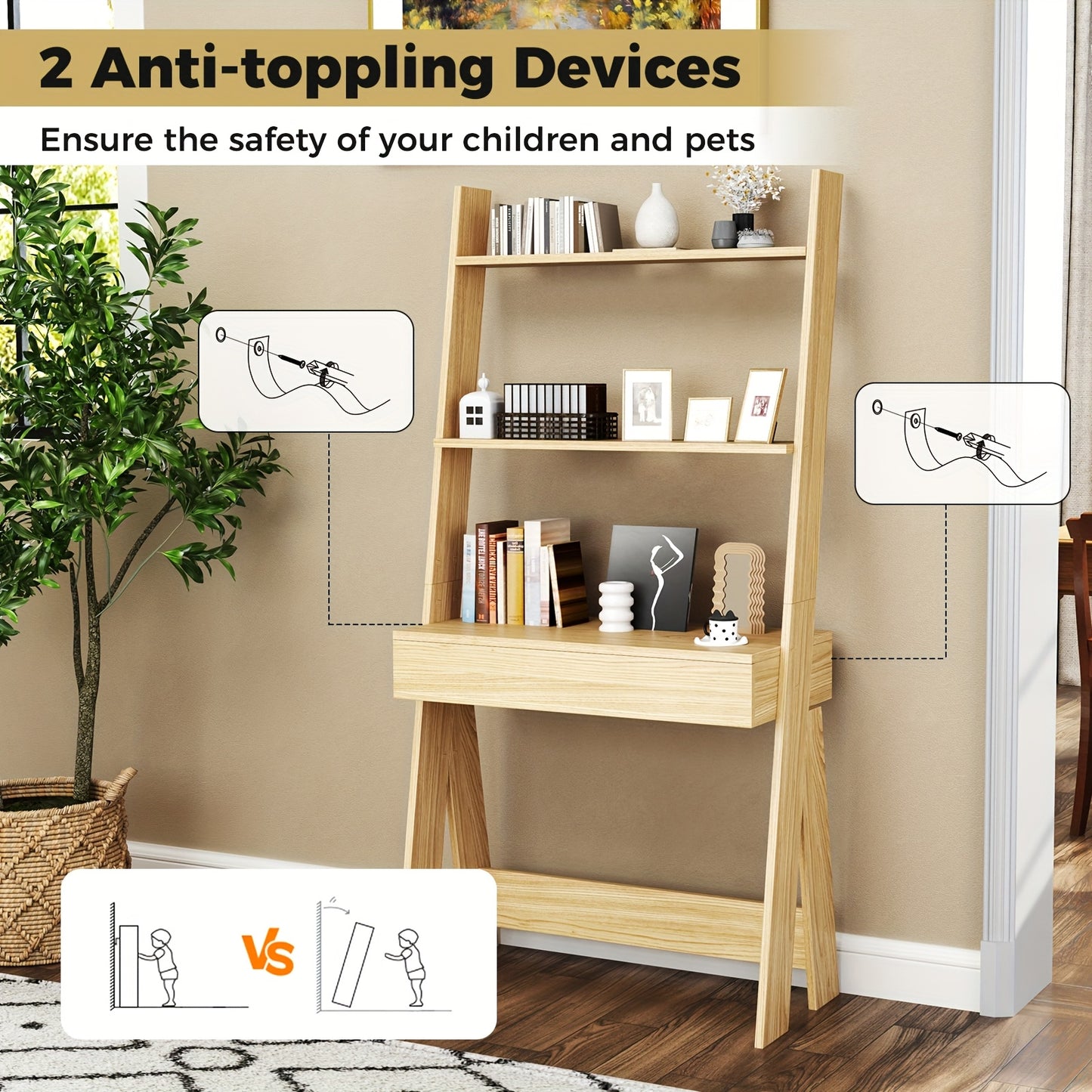 Ladder Shelf Desk Bookcase w/Countertop, Drawer & 2 Shelves Bookshelf