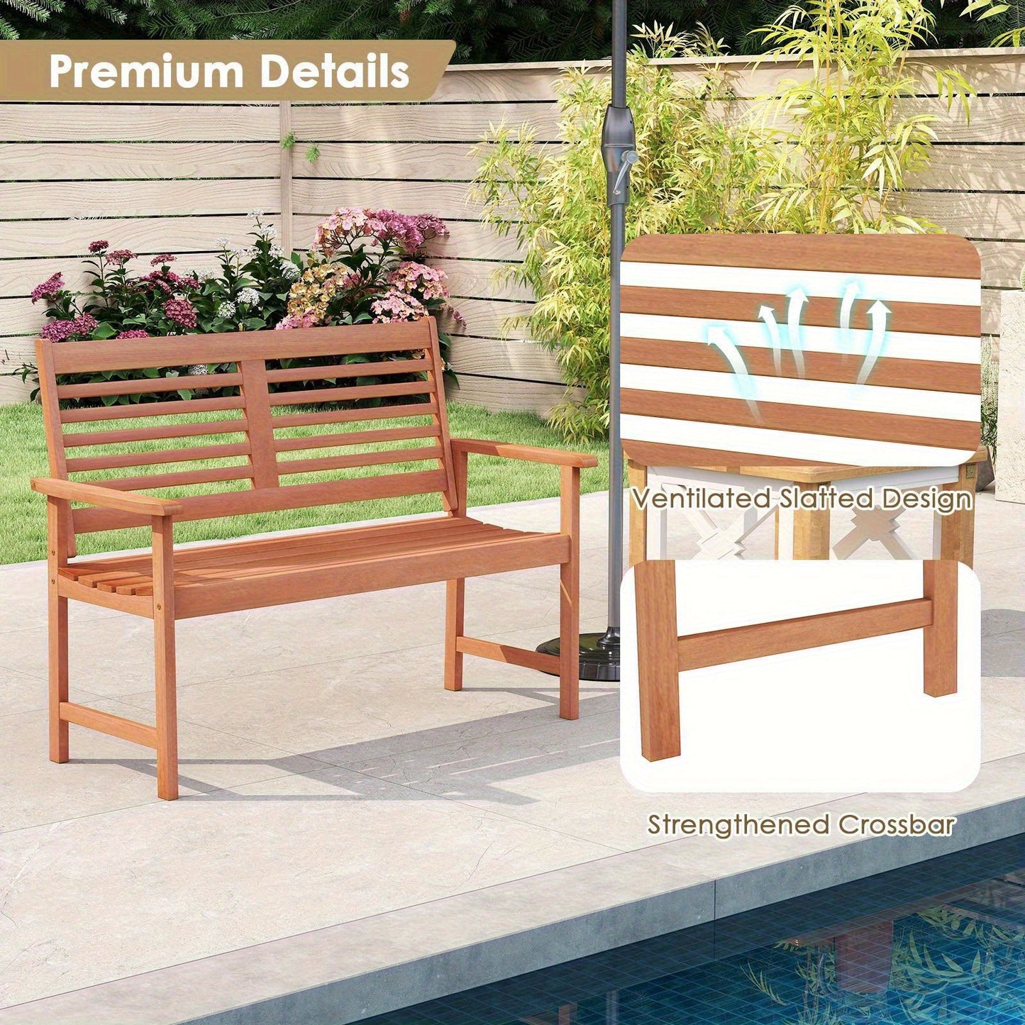 Outdoor 2-Seat Patio Loveseat Bench with Inclined Backrest & Slatted Seat - Solid Hardwood Armchair, Weather-Resistant Teak Finish, No Electricity Needed for Backyard, Poolside, Front Porch, Outdoor Furniture, Poolside Seating