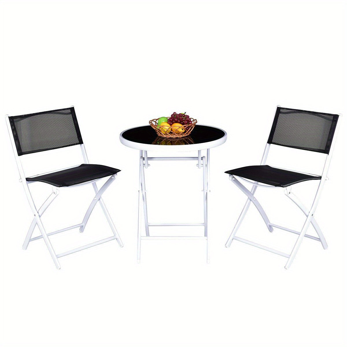 3pcs Elegant Folding Bistro Set with Black Tempered Glass Top - Durable Metal Frame & Textile Fiber Seats, Easy Clean - Ideal for Patio, Garden, Deck - No Assembly Required, Outdoor Patio Furniture