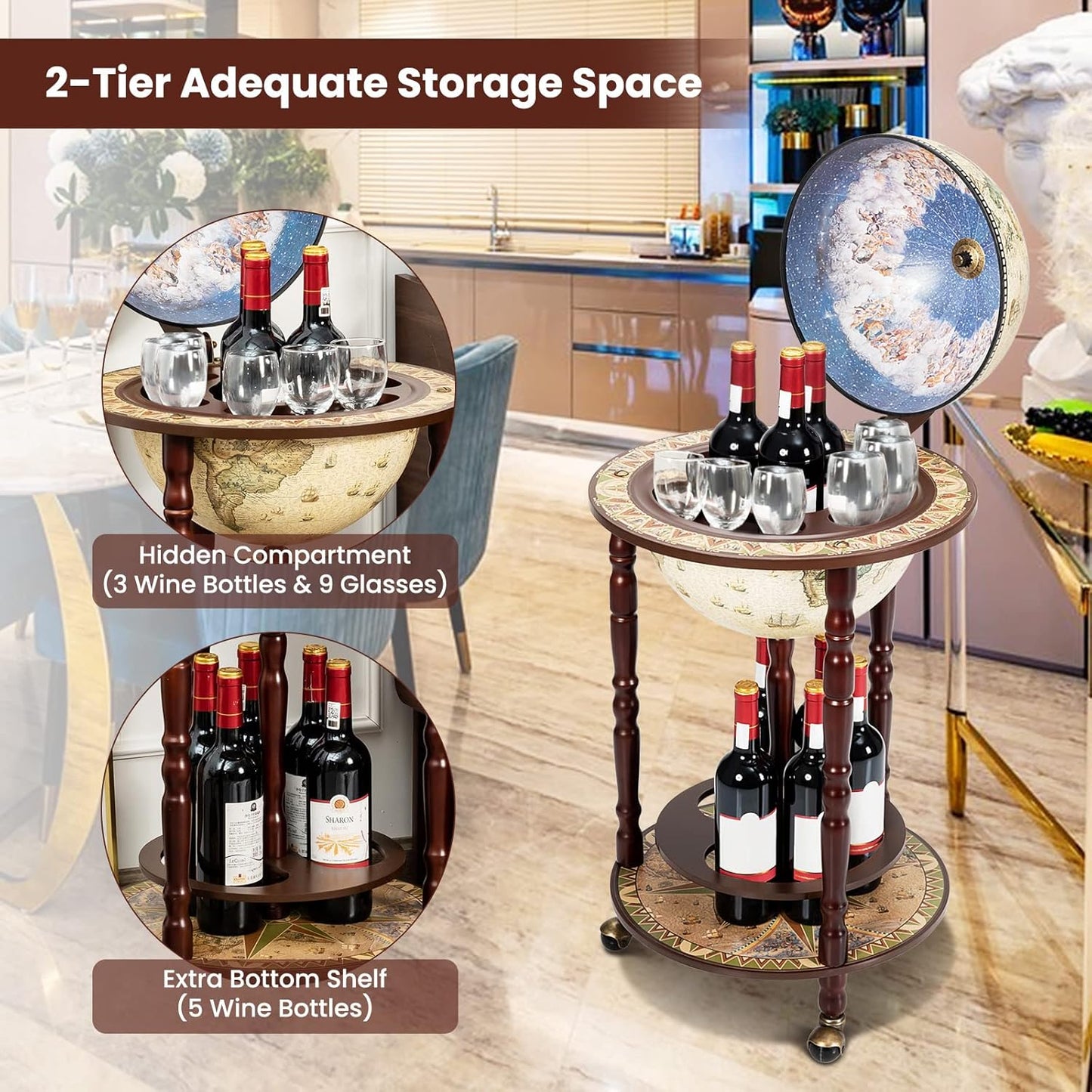 Wine Bar Cabinet, Italian Replica Bar Cart with Wheels and Liquor Bottle Shelf, Solid Wood Wine Bar Stand for Home, Kitchen, Bar, Pub (Cream White)