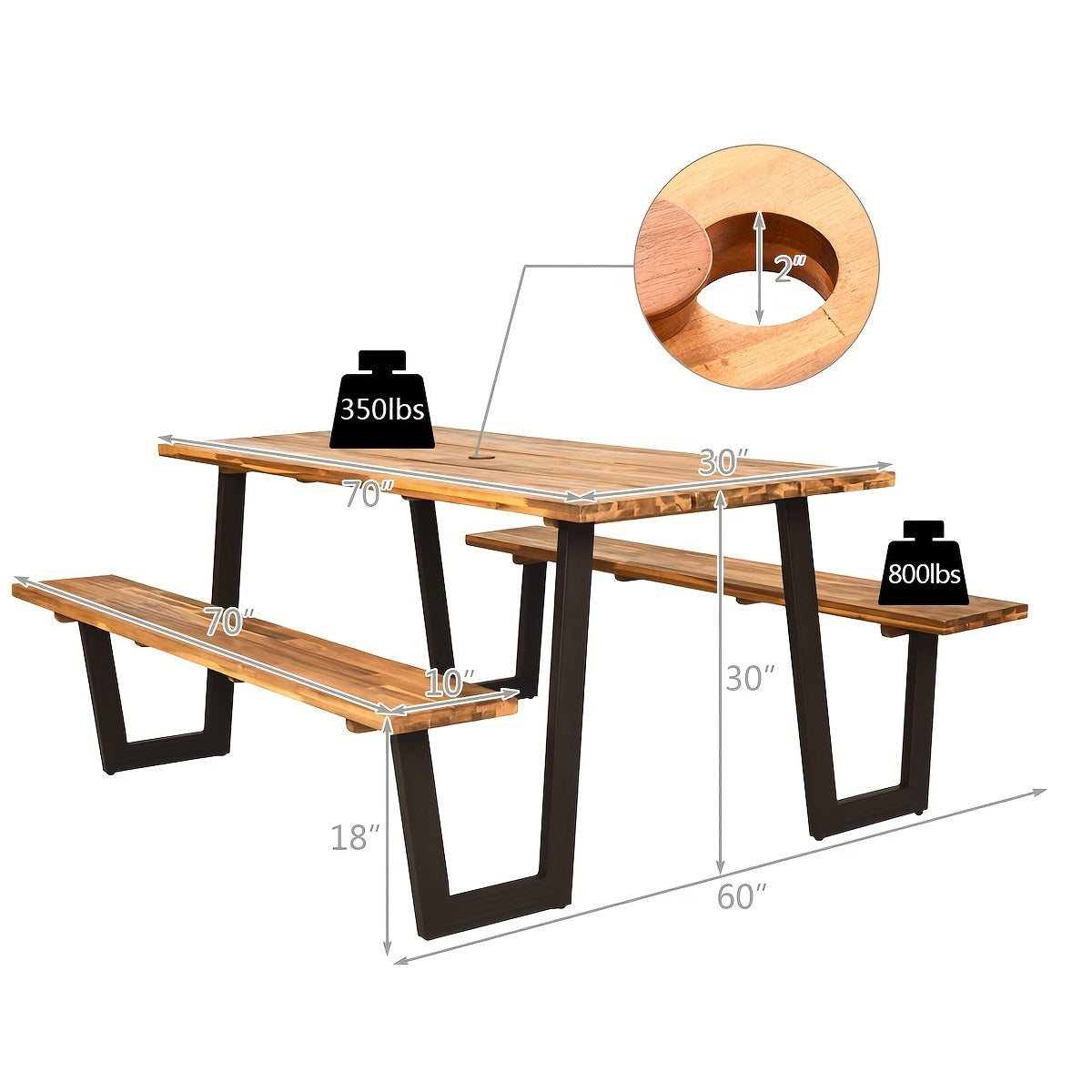 Picnic Table Bench Set Outdoor Camping Wooden 2 Benches w/Umbrella Hole Patented