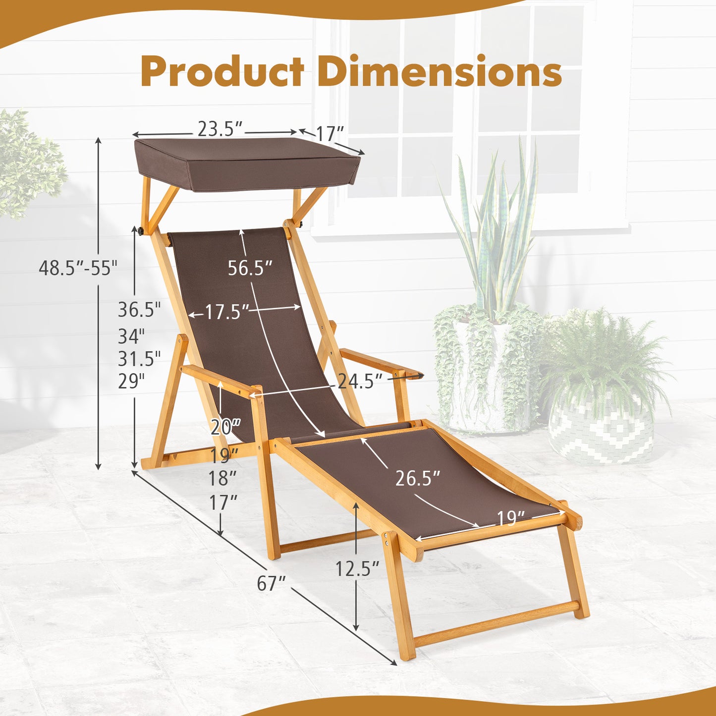 Birch Wood Chaise Lounge Chair, Foldable Beach Lounge Chair with Adjustable Canopy, Reclining Backrest and Footrest, Outdoor Camping Chair with Replacements for Patio, Poolside and Deck