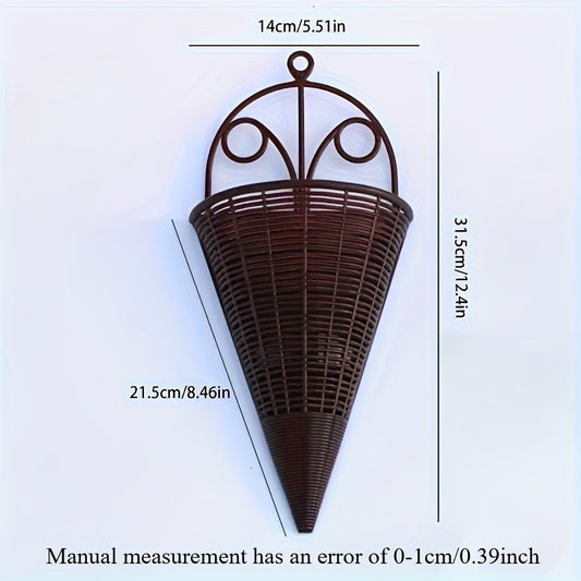16pcs Rattan-Style Woven Wall Hanging Planters - Lightweight Plastic Cone-Shaped Flower Baskets with Decorative Metal Rings, Indoor/Outdoor Wall-Mounted Vases for Balcony, Garden & Patio Decor
