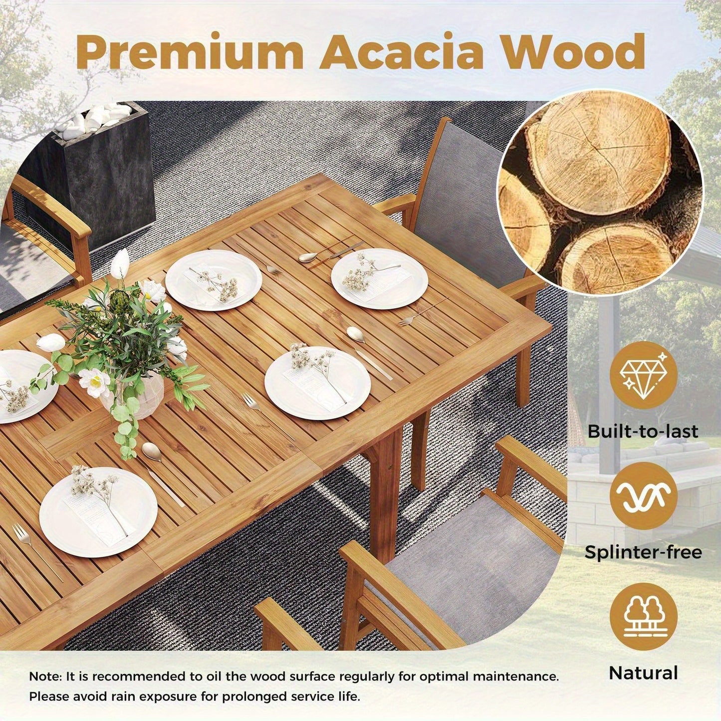 Expandable Outdoor Dining Table for 6-8 Person, 55" -71" Acacia Wood Patio Table with 1. 97" Umbrella Hole and Slatted Tabletop, Rectangular Table for Garden, Yard, Deck