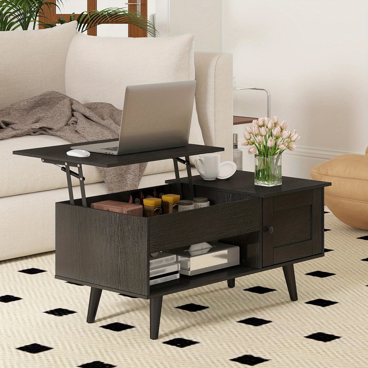Adjustable Lift-Top Coffee Table with Hidden Compartment & Gas Struts, 18"-23.5" Height, Engineered Wood & MDF Storage Console Table for Living Room, Home Office, Bedroom - Black, Coffee Table for Living Room, Modern Furniture, Durable Construction