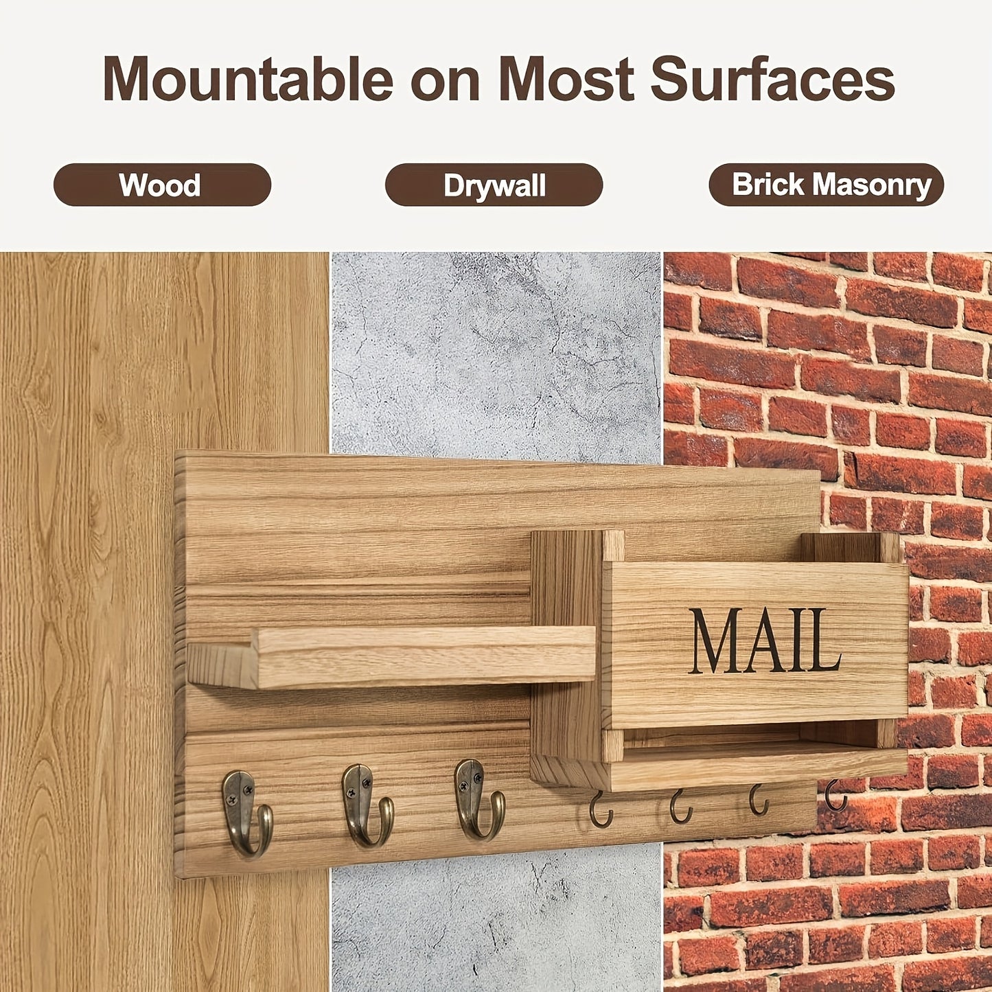 Rustic Solid Wood Wall-Mounted Organizer Shelf - Key Rack with Mail Slot & Multi-Hook Design, Floating Entryway Storage for Home Office, Recycled Wood Decorative Shelf for Keys, Letters, Small Essentials