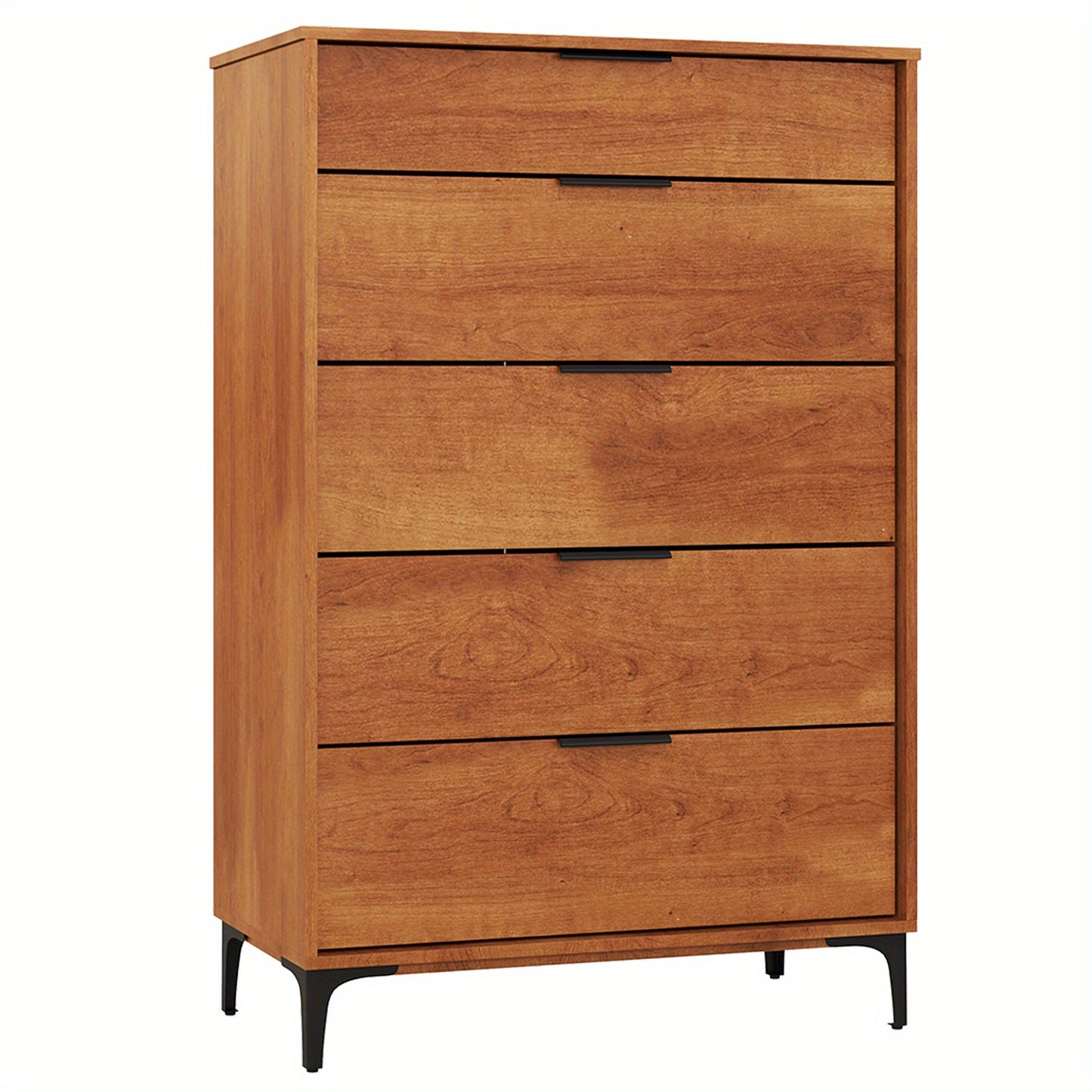 5-Drawer Dresser Mid-Century Modern Freestanding Chest with Sturdy Metal Legs & Interlock System, Cherry Finish Engineered Wood & MDF Organizer for Bedroom, Living Room, Hallway - Easy Assembly, Adjustable Feet, Anti-Tip Design