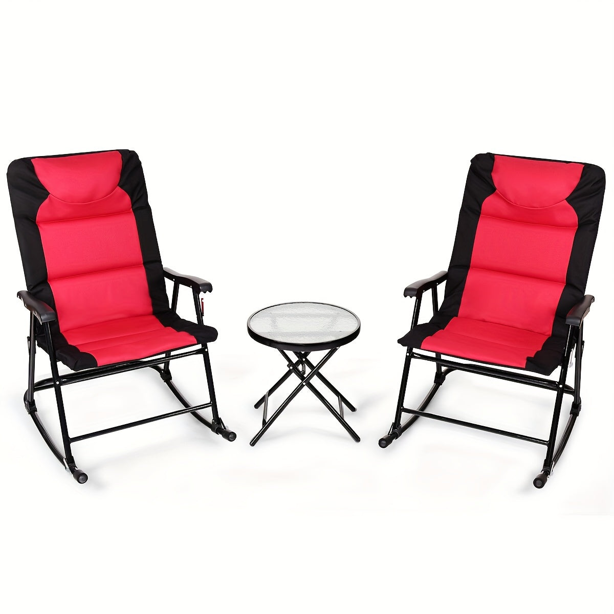 2pcs Rocking Chairs With Cushions & 1pc Glass Top Table, 3pcs Folding Bistro Set, Steel Garden Furniture In Red, Outdoor Patio Set, Space-Saving & Comfort Design, 42.0"x33.0"x27.0" Chairs, 19.0"x20.0" Table